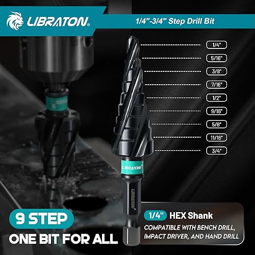 Miniatura 4 de LIBRATON Juego de brocas con paso de flauta en espiral, M35 cobalto Unibit 14"-34", brocas escalonadas revestidas AlTiN, cuatro flautas en espiral,
