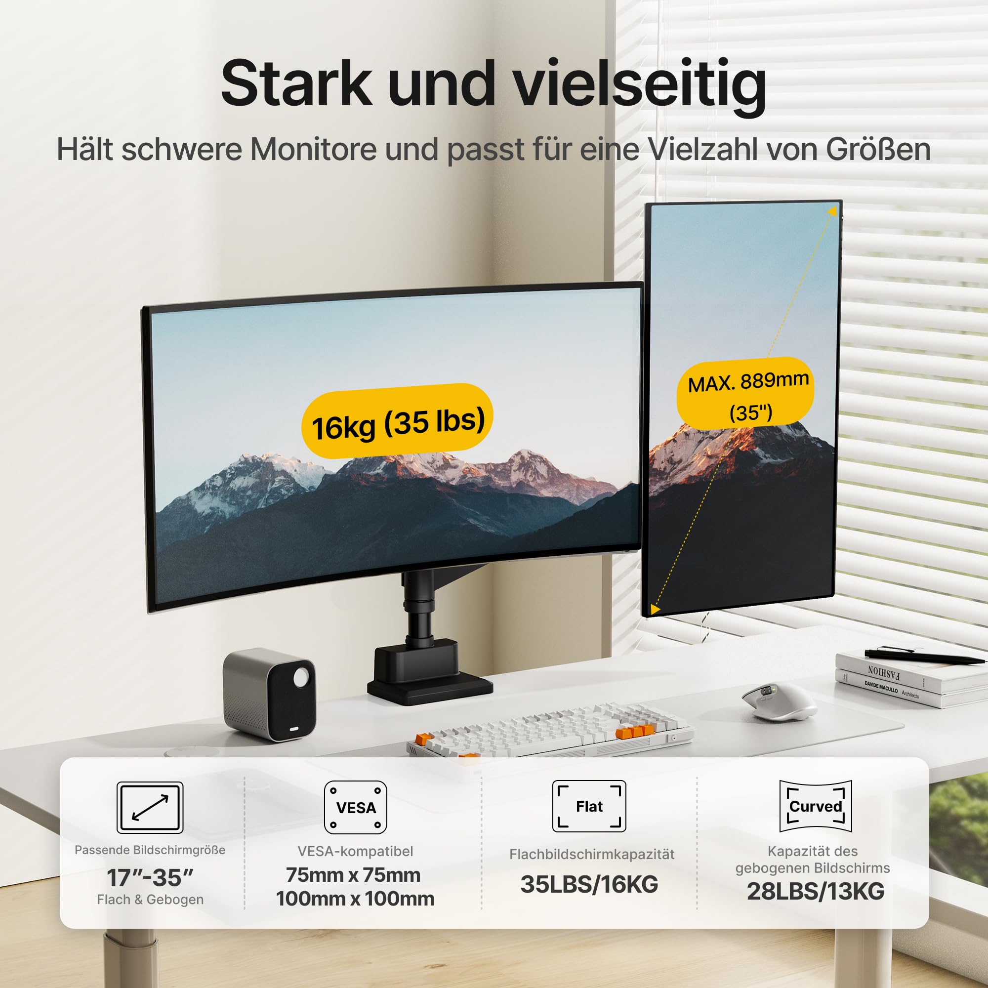 monTEK Supporto per monitor per 2 monitor da 35, 34, 32, 27, 24, 22, 19, 17 pollici | Braccio per monitor alto, supporta 1-16 kg, VESA 75/100, inclinabile, girevole, nero
