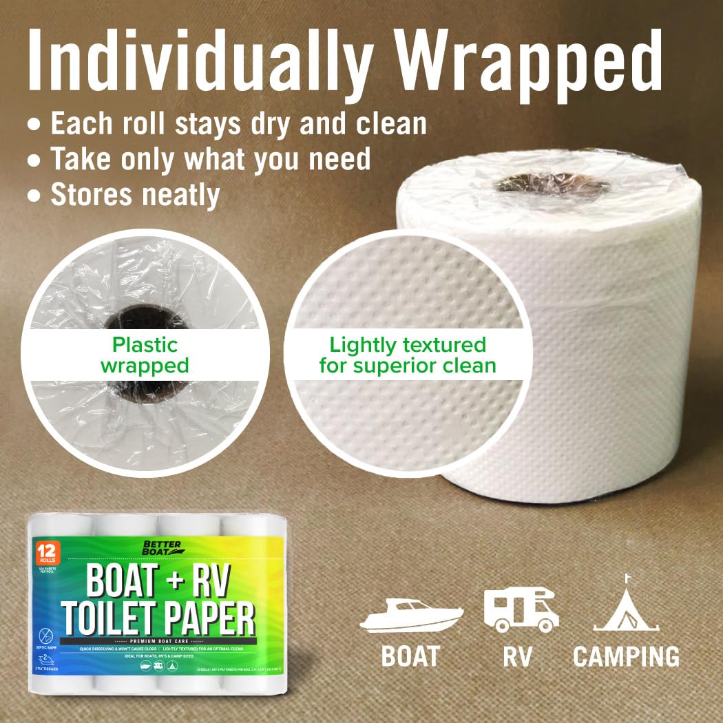 Boot und Wohnmobil Toilettenpapier, Klärgrube, sicher Tissue Toilette, schnell lösend, 12 einzelne (1) Rollen für Marine und Reisen, Wohnmobilsysteme, Camping, biologisch abbaubar, löst sich auf und