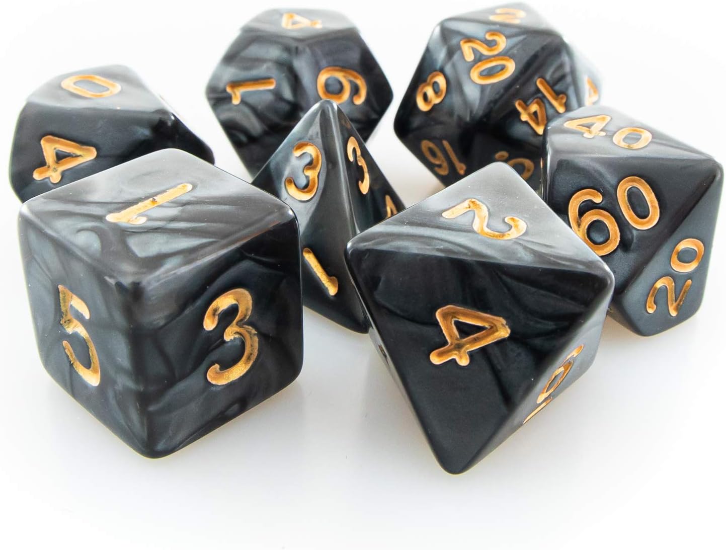 Kit 7 Dados RPG de Mesa D&D Opaco Perolado D4 D6 D8 D10 D10% D12 D20 Cor PRETO ROYAL + 1 Bolsa