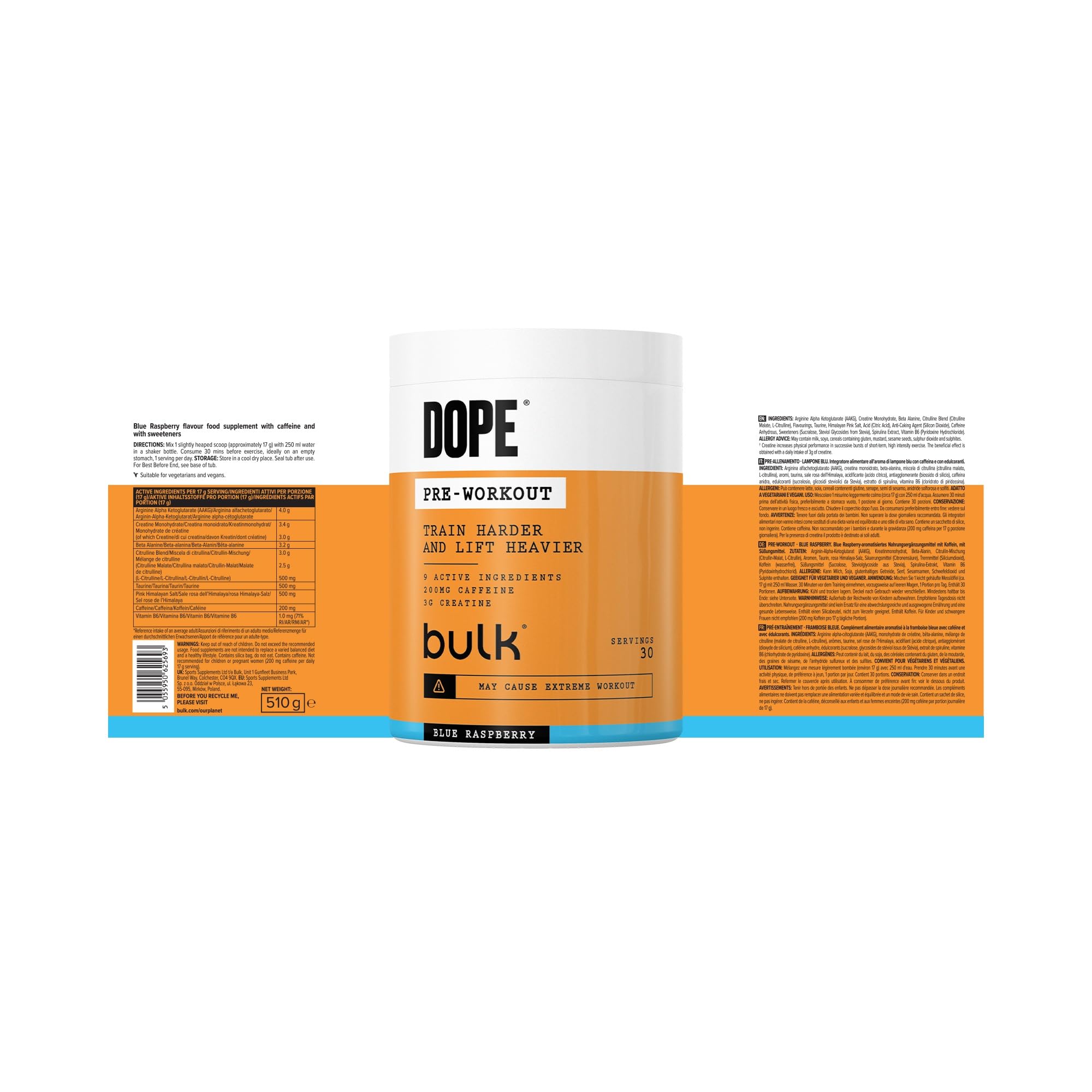 Bulk Poudre Pré-Workout Dope | Blue Framboise | 3g Creatine per Serving | 200mg Caffeine | Citrulline Malate & Arginine AKG | Beta-Alanine | Energy, Focus & Performance | 510g Supplement