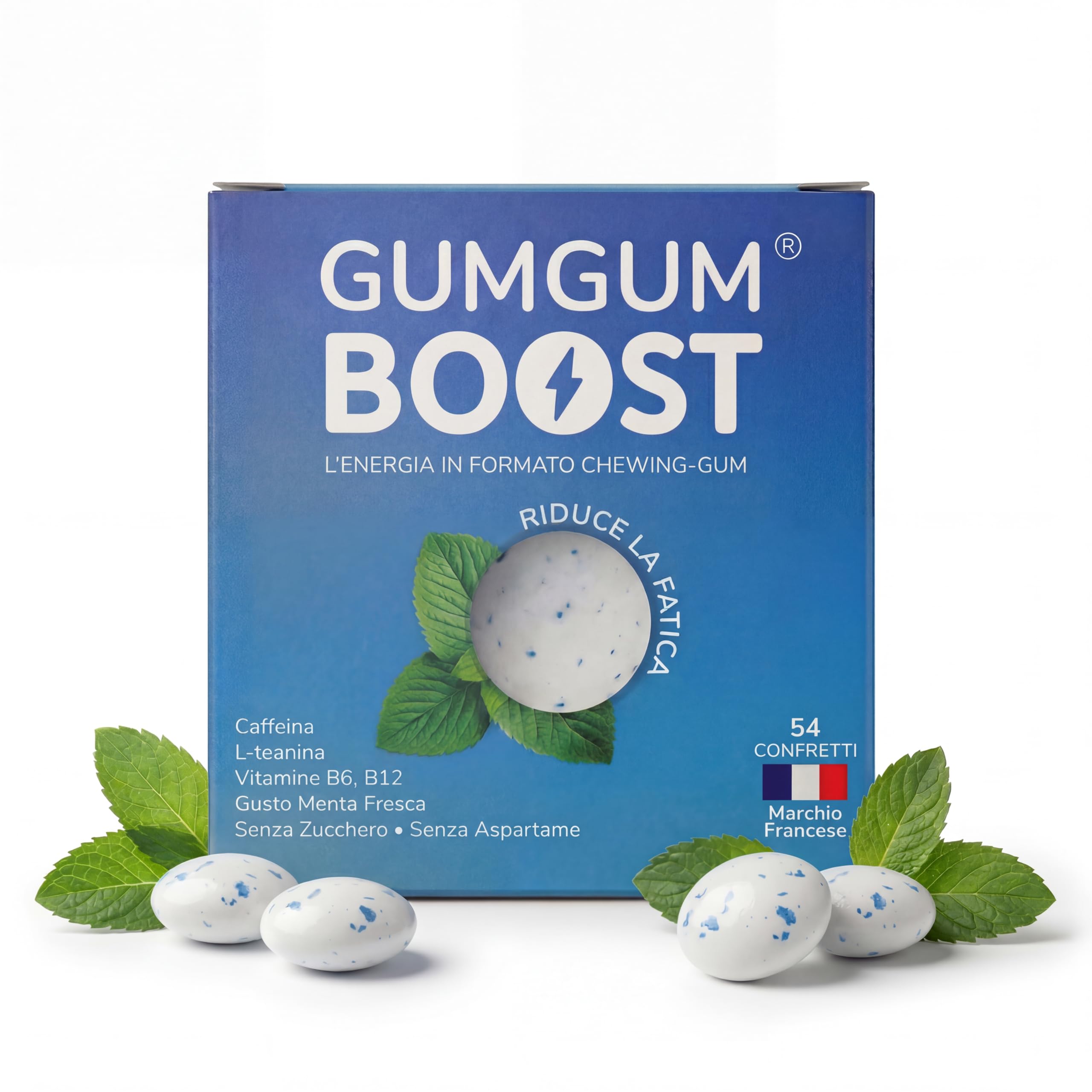 Gumgum Boost - Masticare Gum Energizzante Senza Zucchero con Vitamine B6 & B12 – Caffeina Naturale & L-Teanina – Energia, Concentrazione & Vigilanza – Gusto Menta Fresca – Integratore Vegano – 54