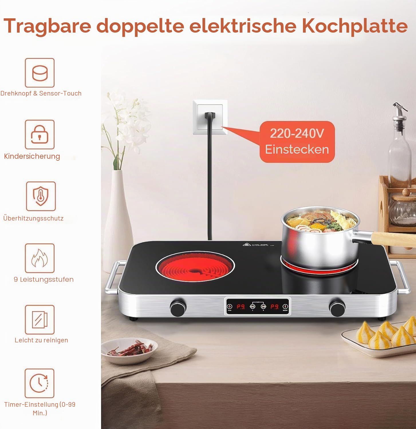 Glaskeramikkochfeld 2 Platten 2200W Elektrische Doppelkochplatte 48 cm mit Timer Tragbares Infrarotkochfeld
