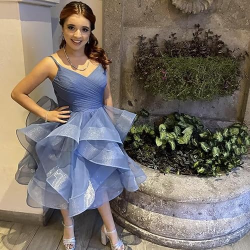 Miniatura 9 de ZSHAOLHYJYZS Vestidos escalonados de regreso a casa 2025 con cuello en V y purpurina de tul con tirantes delgados, vestidos cortos de graduación