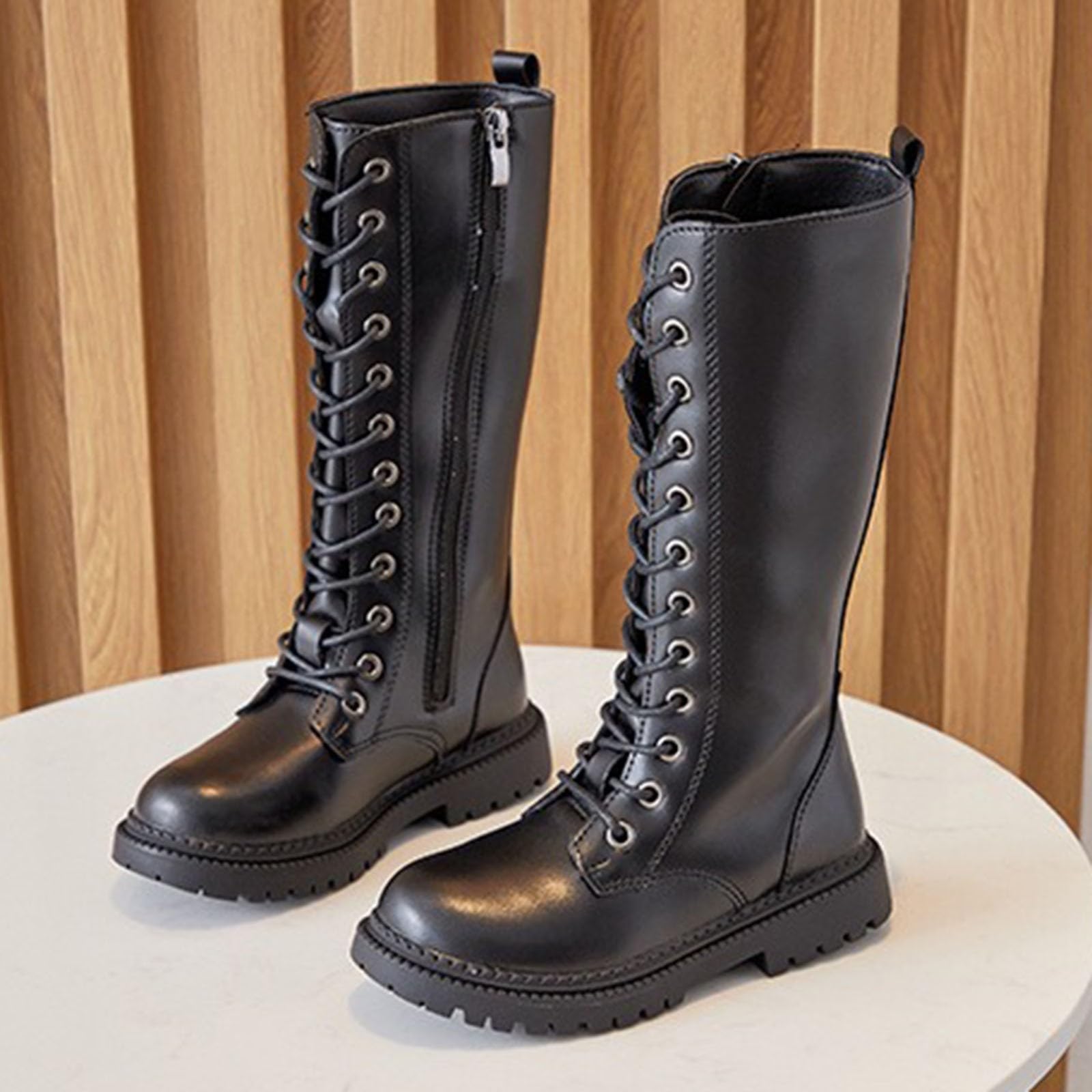 Genérico Botas y Botines para Niña Botas Largas con Cordones de Piel de Color Sólido, Británico, Cremallera lateral, Suela gruesa Zapatos de equitación Tendencia Occidental