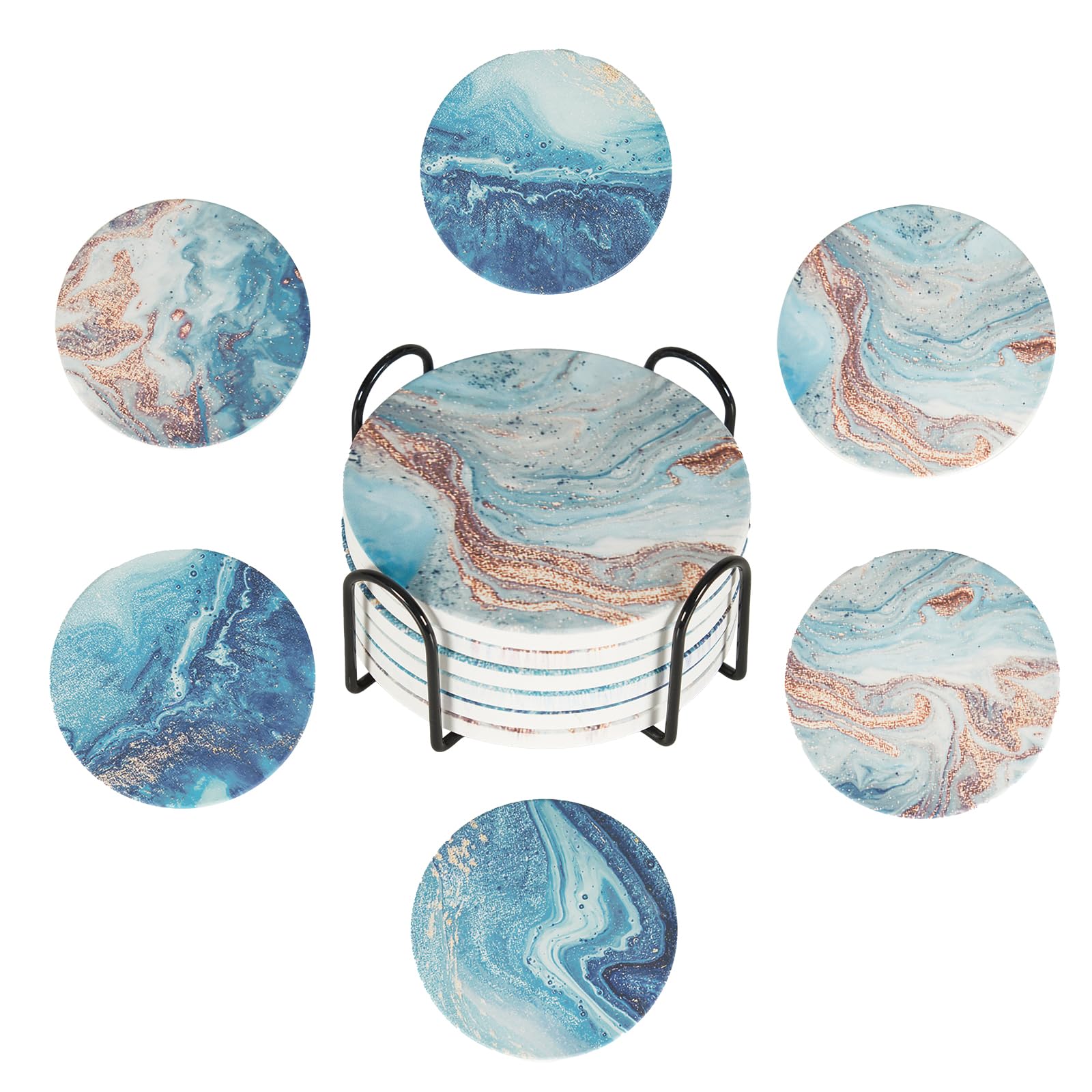 ULIKEUS Ceramic Coasters Set of 6 Round Ceramic Table Coasters with Cork Base and Holder Tabletop Protection Home Decor for Desk, Lounge, Coffee, Wine, Beverage, Dining Table Decor, Bar Coaster Set