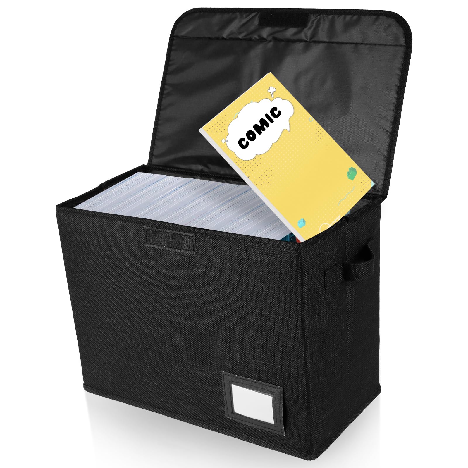 YUNYOUC Comic Book Storage Box, 40x20x30cm Foldable Comic Book Bin, Washable Integrated Storage Boxes with Lid, Wardrobe Organiser Bin with Handle for Wardrobe, Closet, Shelf, Office (Black)
