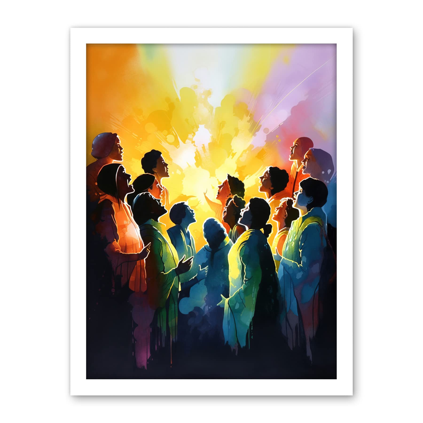 Artery8 Choir Women Singing by Bonfire Modern Rainbow Colour Watercolour Painting Artwork Framed Wall Art Print 18X24 Inch