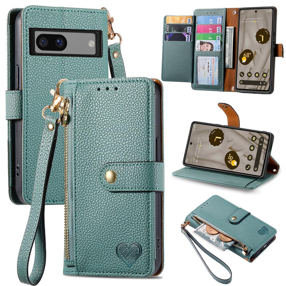 Étui Pixel 9 Portefeuille Vert en Cuir avec Fermeture Éclair et Sangle - 8