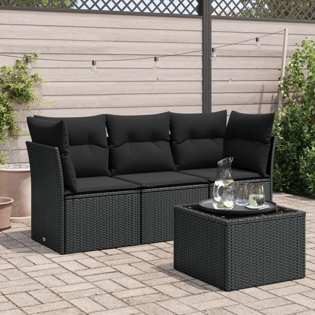 Zestaw Sofas Garden 4 szt. Rattan PE czarny z poduszkami | Wodoodporna torba do przechowywania, stół ze szkła hartowanego, zmywalne pokrowce, modułowa konstrukcja
