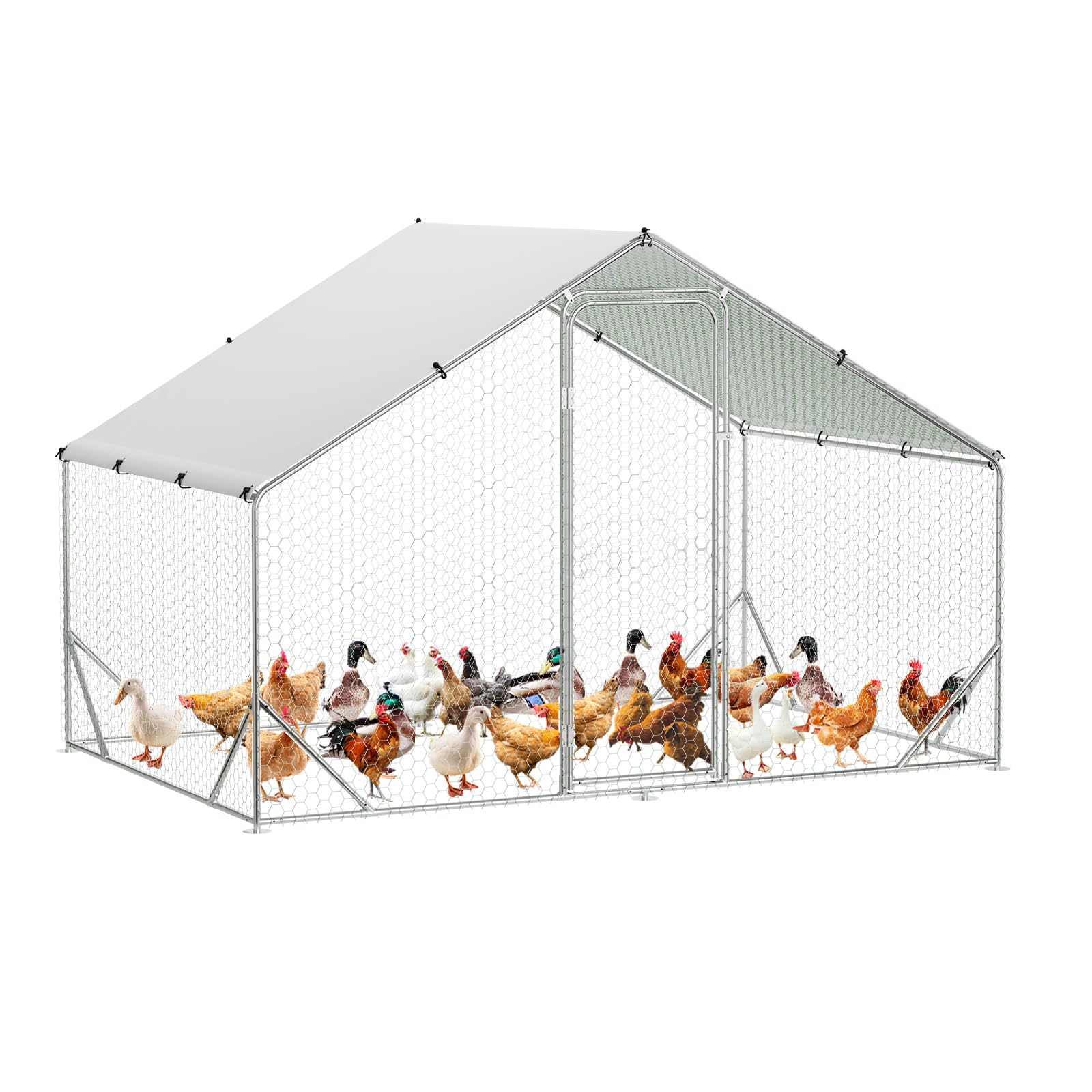 9.8' x 6.5' x 6.5' Chicken Coop Run, Galvanized Steel Chicken Pen with Anti-Ultraviolet Waterproof Cover, Spire-Roof Walk-in Poultry Cage, Metal
