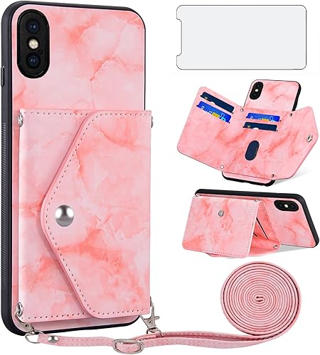 Funda de teléfono para iPhone X 10, funda tipo cartera con protector de pantalla de vidrio templado, correa cruzada, cordón de mármol, soporte para