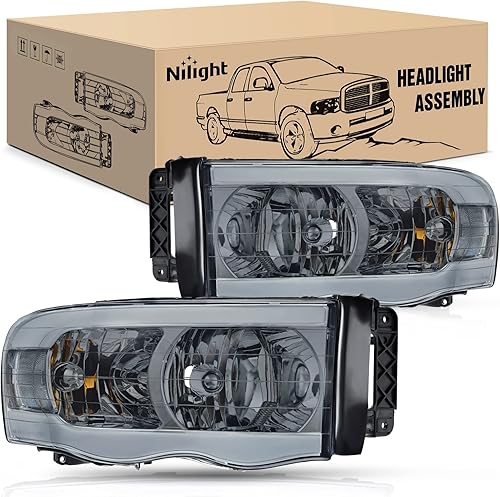 Nilight Conjunto de faros delanteros Led DRL para Dodge Ram 2002-2005 15002003 2004 2005 Dodge Ram 2500 3500, carcasa ahumada, reflector transparente