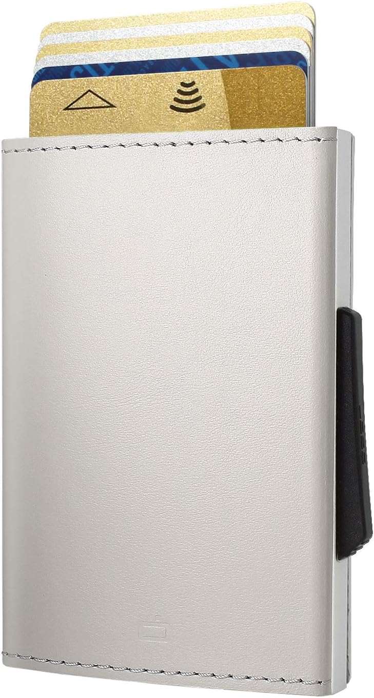 ÖGON -DESIGNS- OGON Automatic Leather wallet Cascade Slim - Compact aluminum RFID blocking card holder - Up to 8 cards and banknotes (Grey Blaster)
