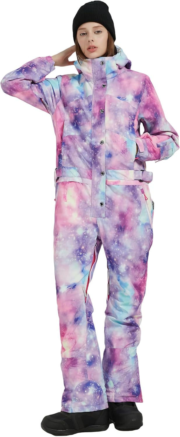 Womens One Piece Ski Suit Colorful Snowboard Snowsuits Jumpsuits Waterproof Hooded Warm Jackets Winter Outdoor
