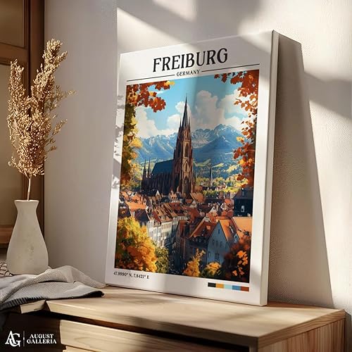 Miniatura 3 de Freiburg Germany retro travel print featuring Freiburg Cathedral in autumn colors illustration framed wall art canvas poster