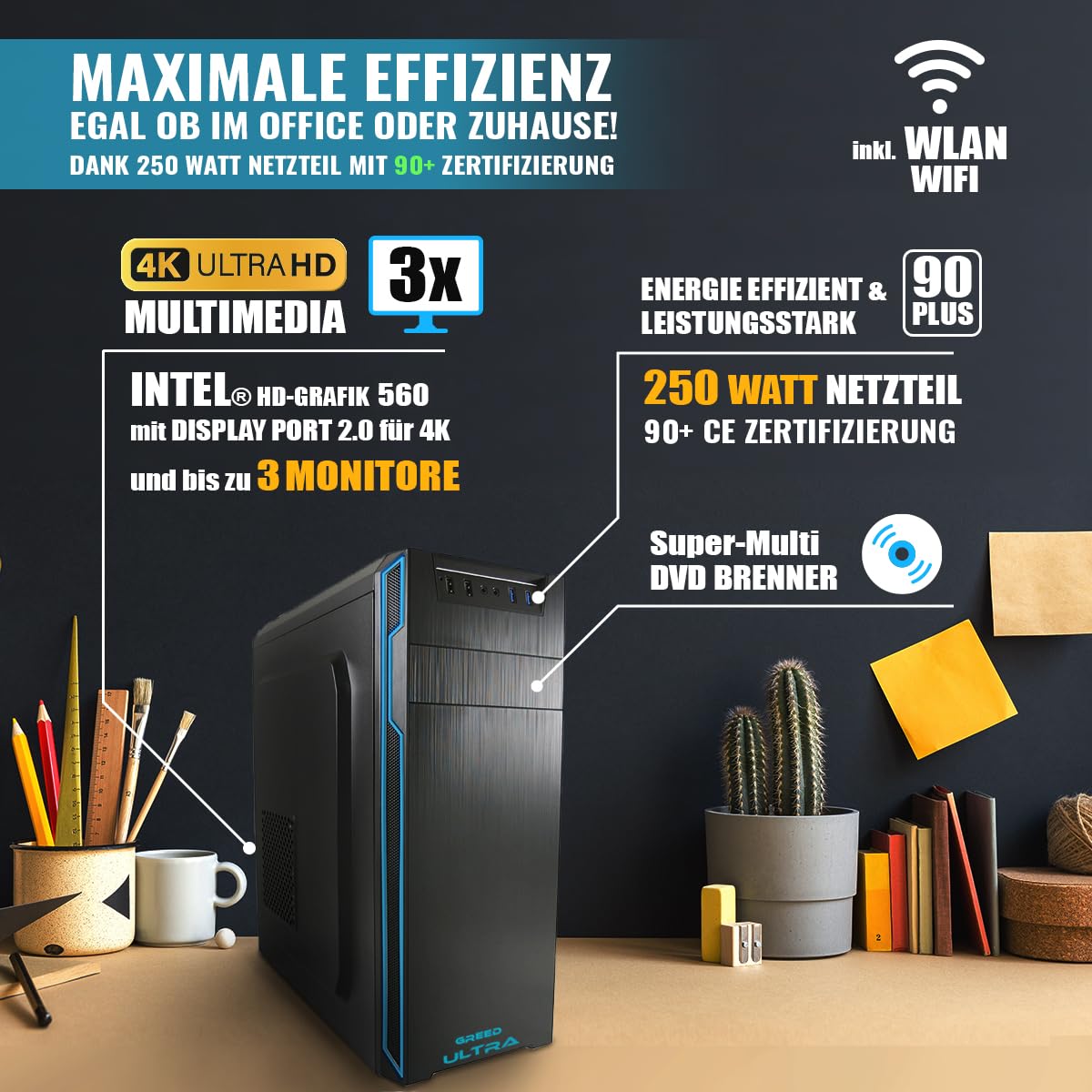 GREED® Ultra 7 - Schneller PC mit Intel Core i7 - Leiser Computer + Rechner für Büro & Home Office mit 4,0 GHZ, 16GB DDR4 RAM/Arbeitsspeicher - 1TB SSD + 1TB HDD - DVD+RW - WLAN - inkl Win 11 Pro