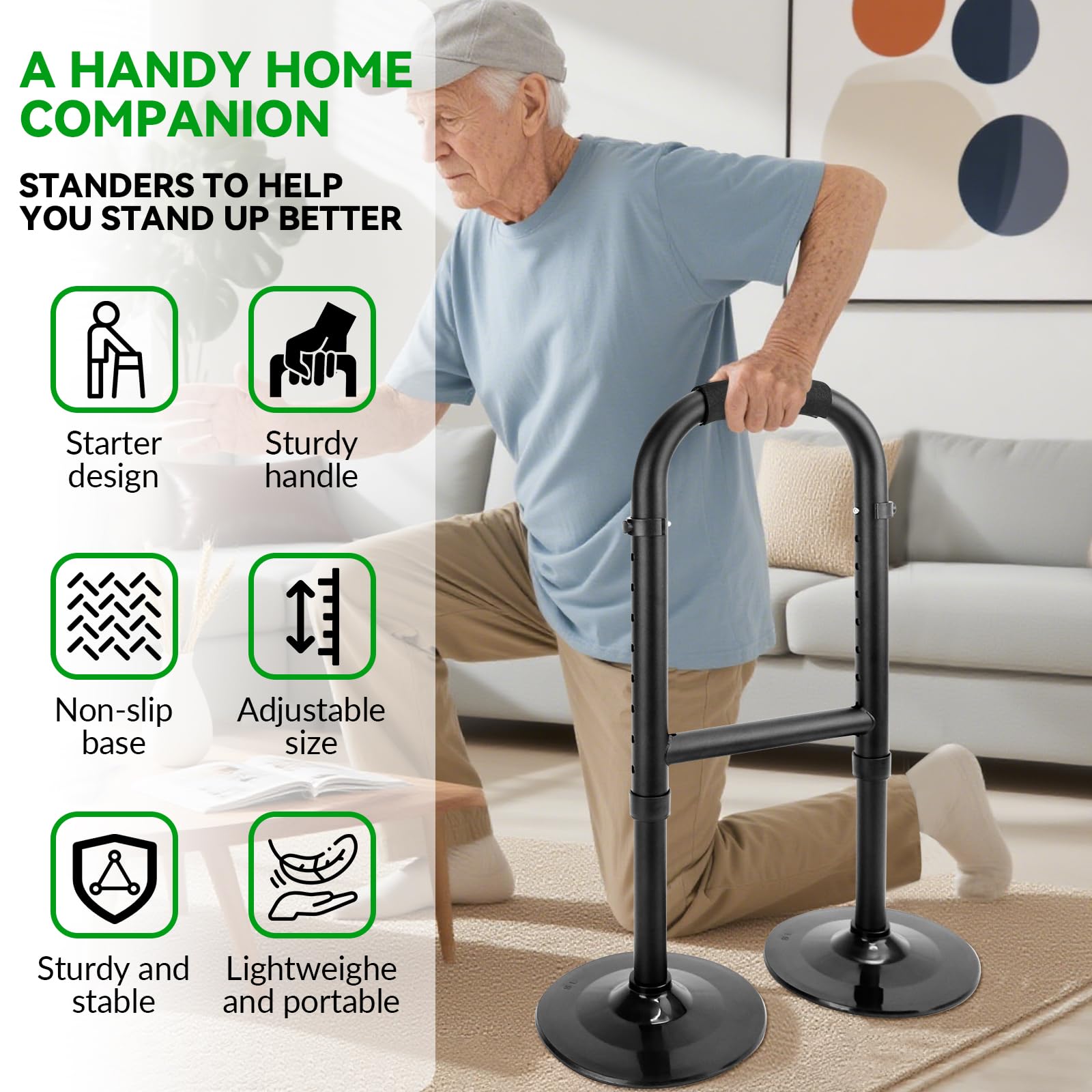 Aiuto per alzarsi da letto, per anziani, altezza regolabile, per divano, aiuto per alzarsi dal pavimento per anziani e sostegni, stabilità, doppia base, carico minimo 90 kg