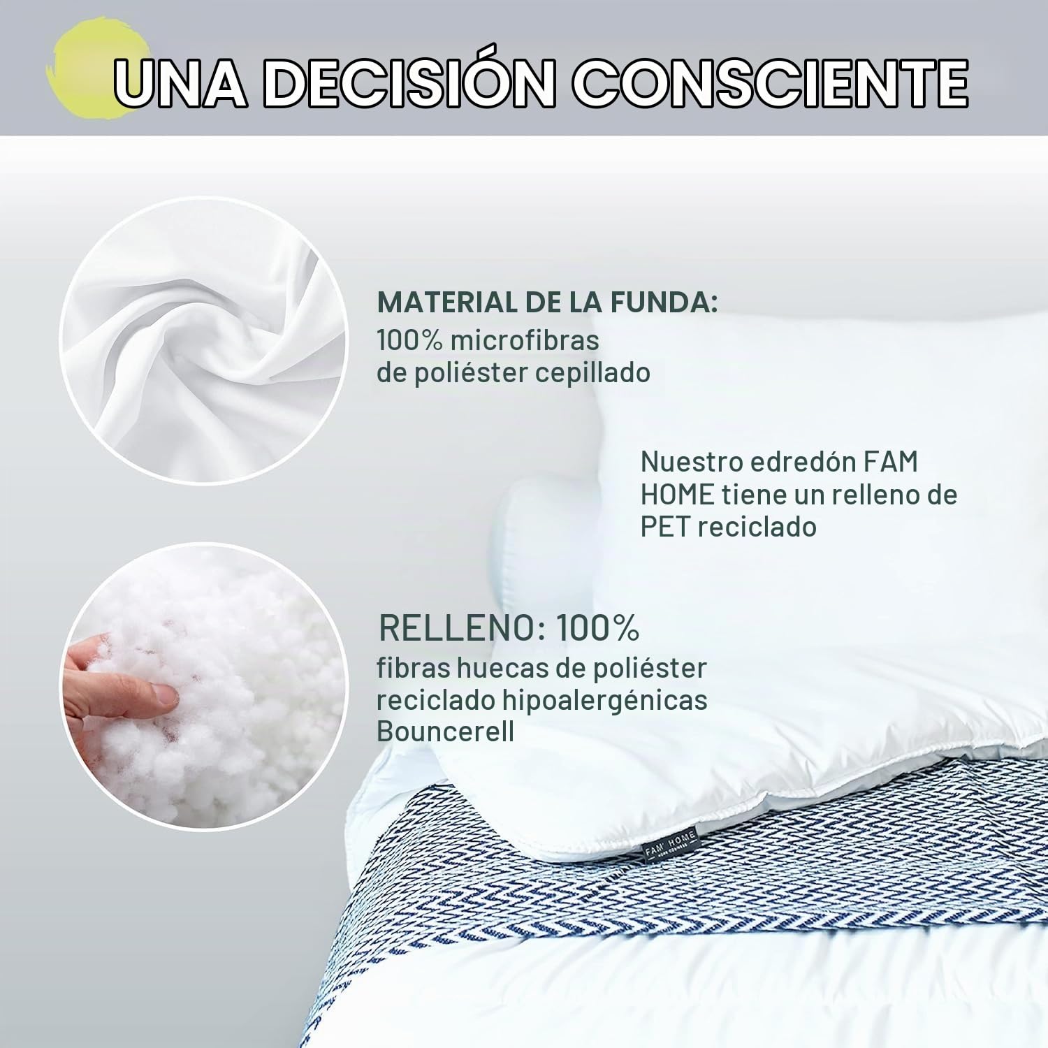 FH FAM' HOME HOME COSINESS Edredón Lavable Blanco 140 x 200 cm, edredón Acolchado Certificado Made IN Green, hipoalergénico Suave y Duradero, Fibra Hueca de poliéster Reciclado 350g/m2, una Persona