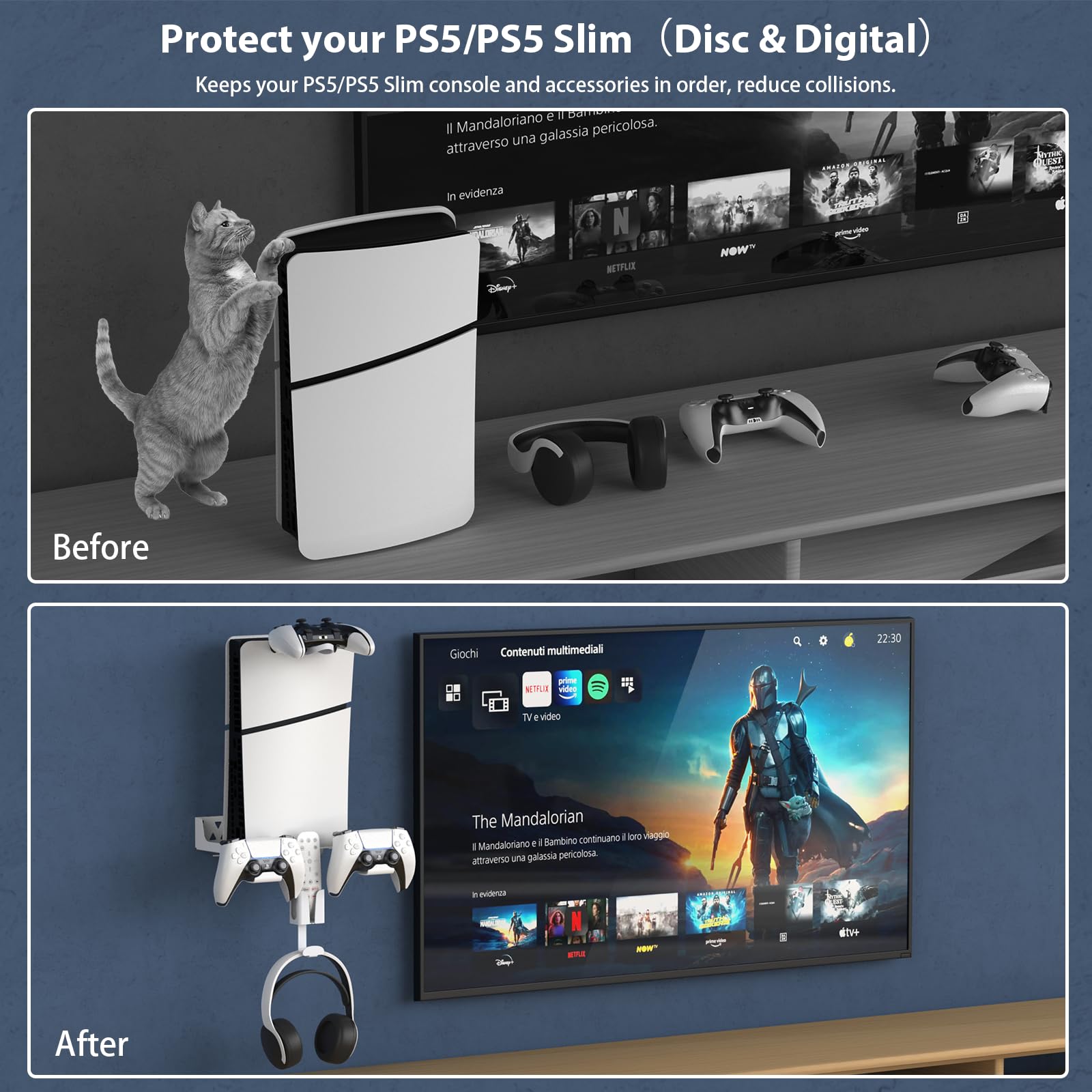Support Mural PS5/PS5 Slim, 5 en 1 Support Mural Compatible avec PS5/PS5 Slim (Disque et numérique) Acier Support Mural Playstation 5 avec Support de contrôleur détachable Support pour Casque