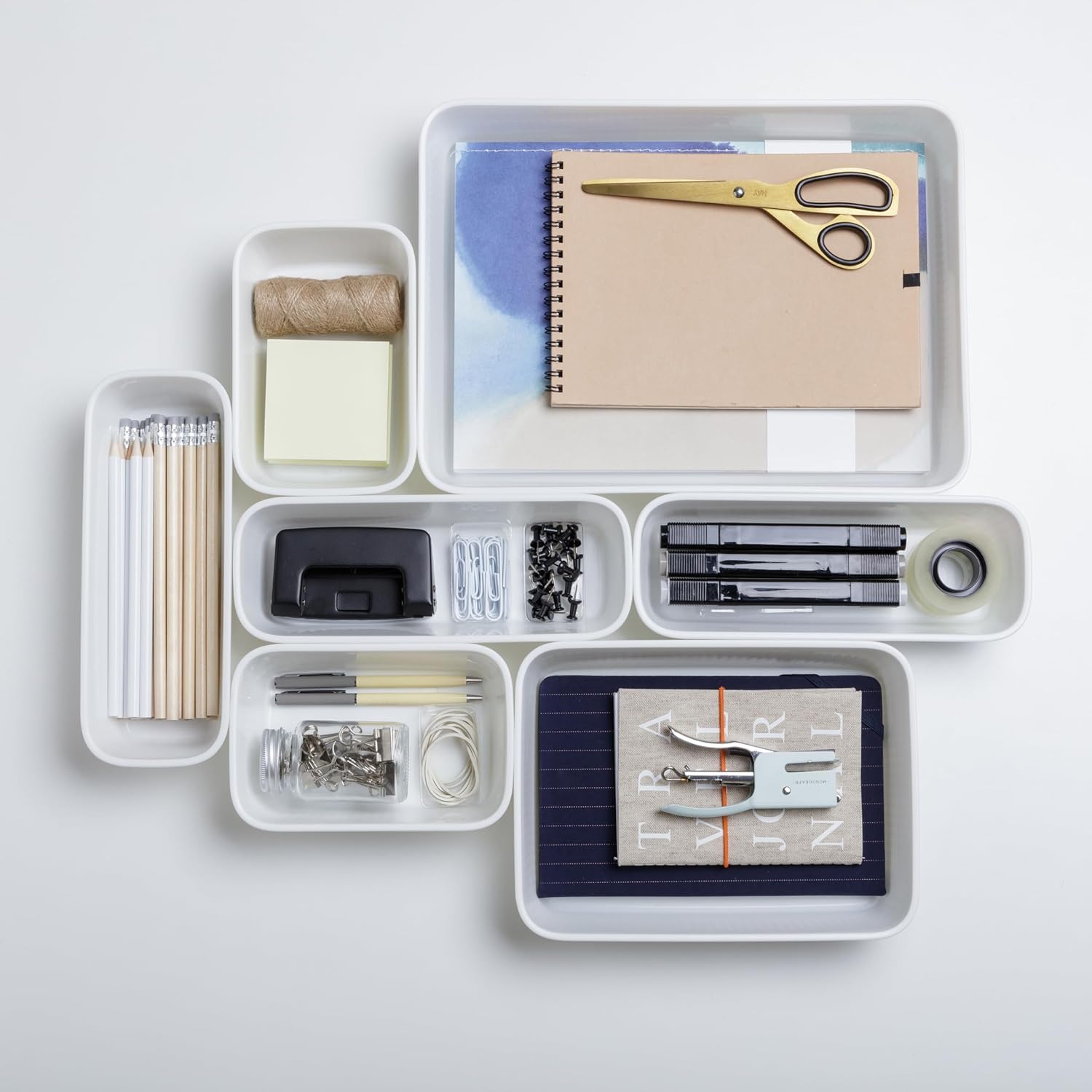 Superio Rib Collection - Vassoio decorativo in plastica per cassetti da scrivania, bianco (set di 5), contenitori portaoggetti aperti per la casa, per organizzare armadi, mensole e cassetti