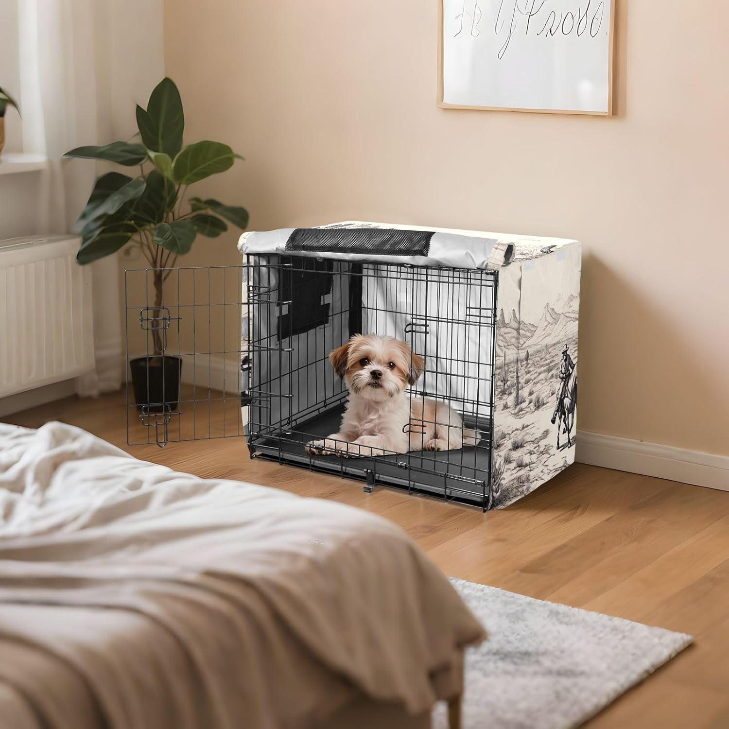 Cowboy Horse Cactus Landscape Dog Crate Cover S-XL Water-Resistant Pet Kennel Cover with Mesh Windows, Reduces Barking, X-Large