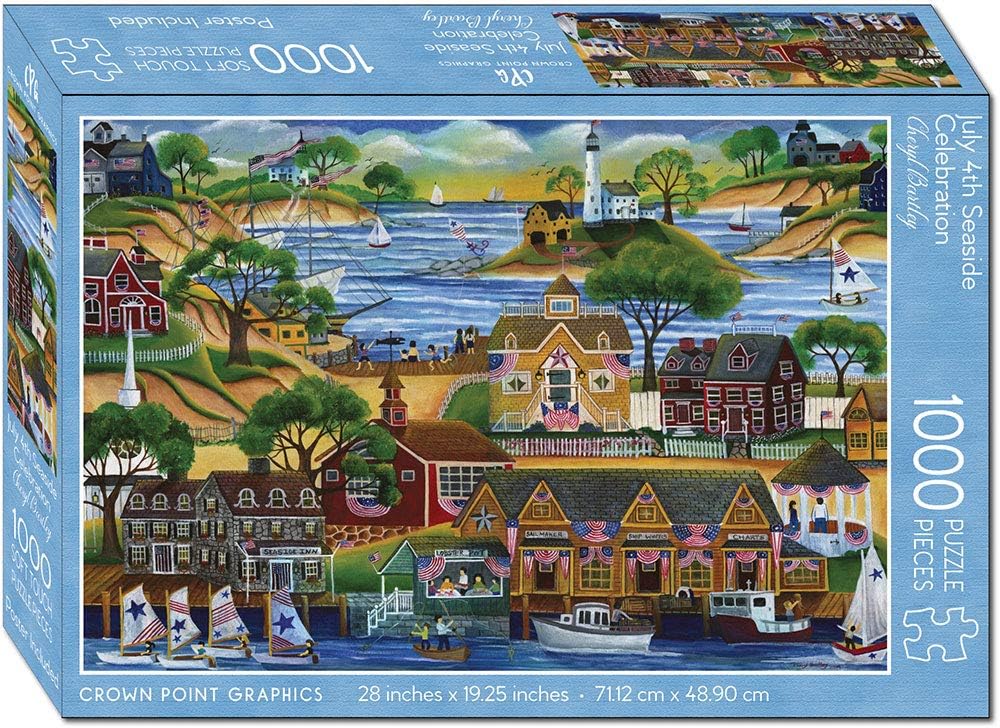 Crown Point Graphics July 4th Seaside Celebration - 1000 Piece Jigsaw Puzzle - Artist Cheryl Bartley - Soft Touch Design - New England Americana Puzzle with Tall Ships, Sailboats and Lighthouse