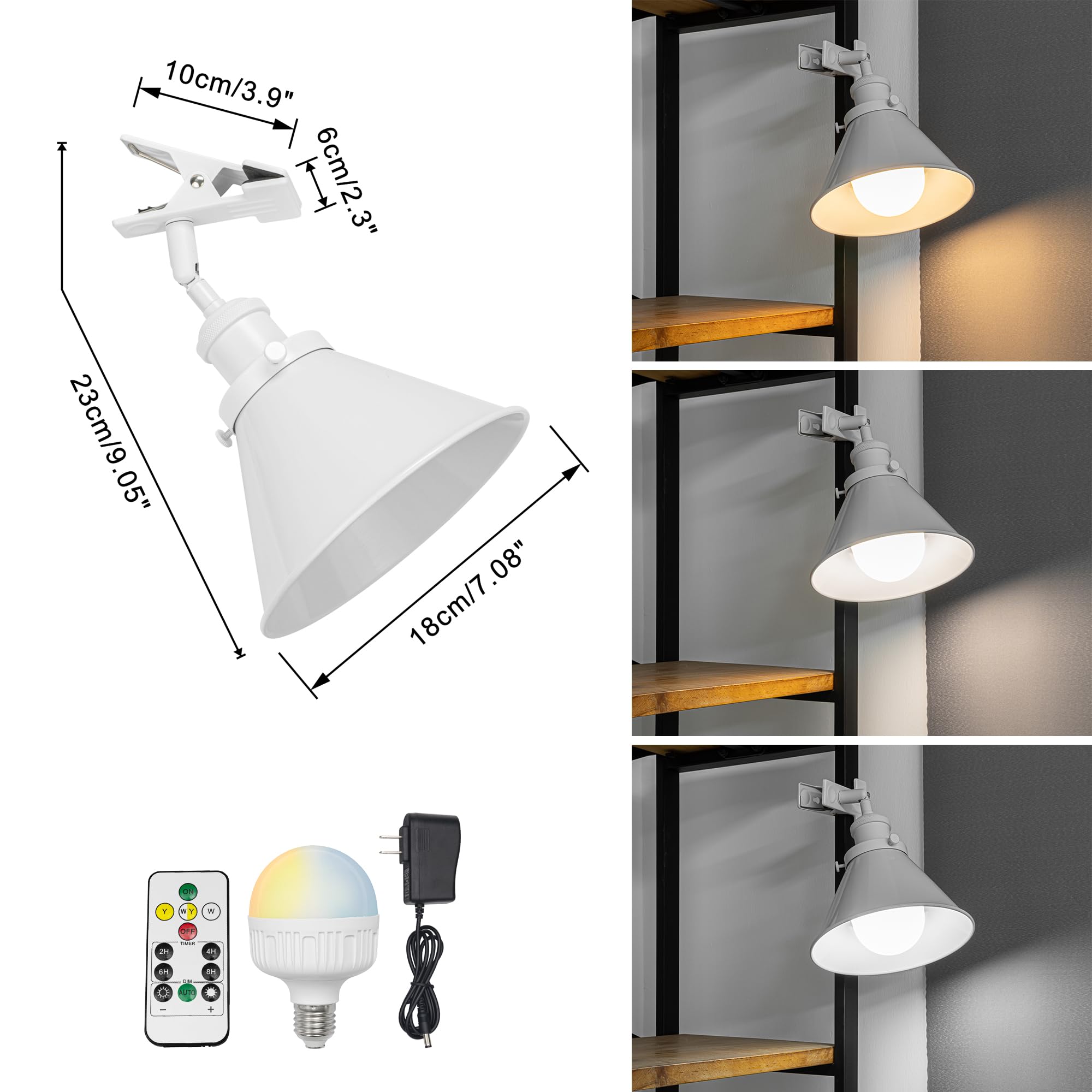 Verstellbare Klemmlampe mit Akku,LED Weiß Wandlampe innen, Dimmbar Nachttischlampe,Schreibtischlampe ideal für Flur Büro Heimgebrauch - 18x10CM - TD0679