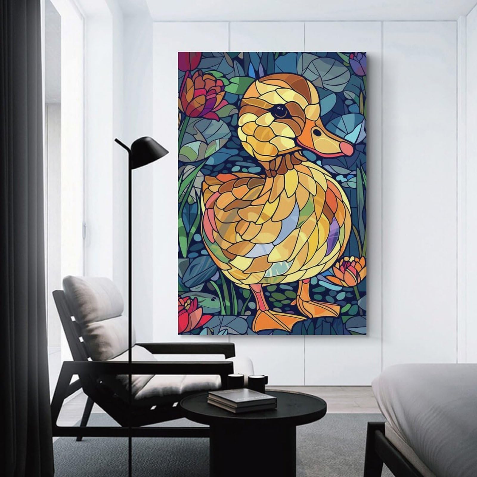 Junmoney Stained Glass Duckling with Water Lilies Canvas Wall Decor, 20x30inch(50x75cm), for Apartment Walls, Studios Or Work Areas, Decorative Canvas Decor for Home Updates
