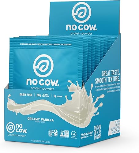 No Cow Proteína vegana en polvo, vainilla, 0.71 onzas de proteína a base de plantas, paquetes de una sola porción, sin lácteos, sin soja, sin azúcar
