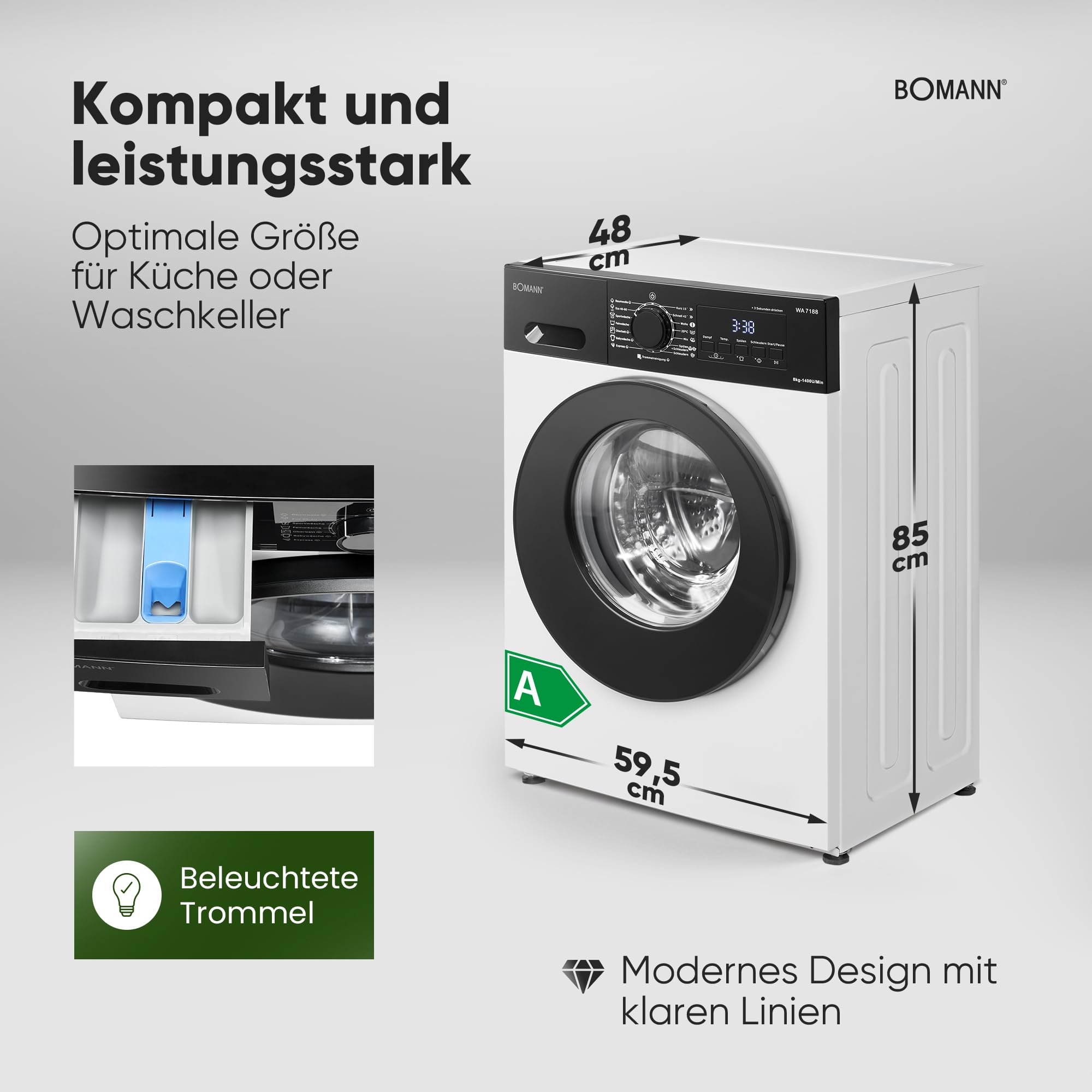 Bomann® Waschmaschine 8kg | 5 Jahre Motor-Garantie | Invertermotor-effizient, leise & langlebig | max. 1400 U/min | 15 Programme | Dampffunktion | LED-Display | Washing Machine | WA 7188 weiß-schwarz