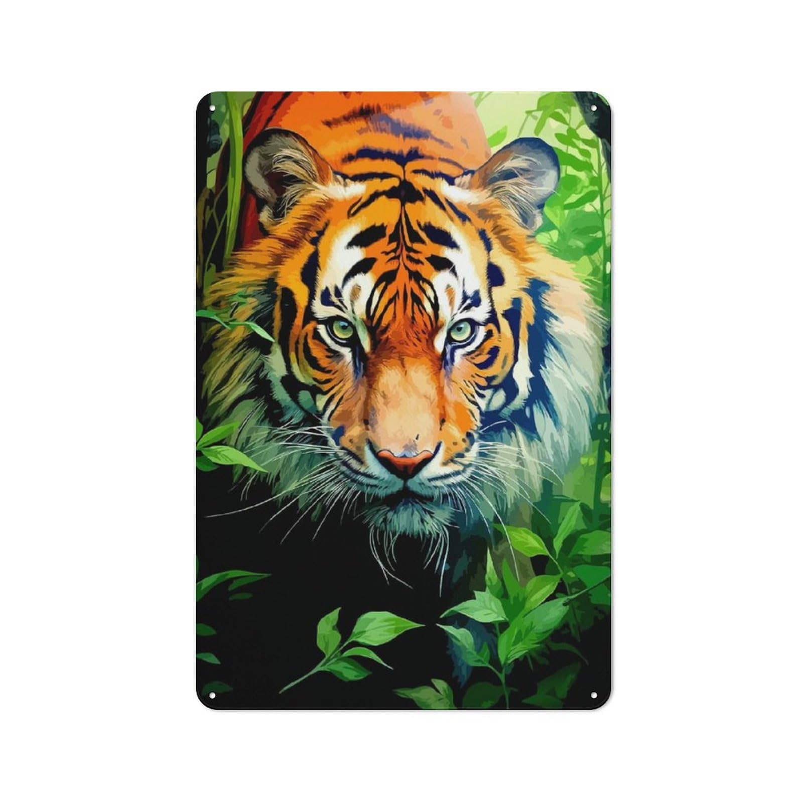 Junmoney Tiger Portrait In Jungle Foliage Rustic Metal Wall Sign 30X20cm For Living Room Wall, For Kitchen, Dining Room And Home Bar Wall Decor