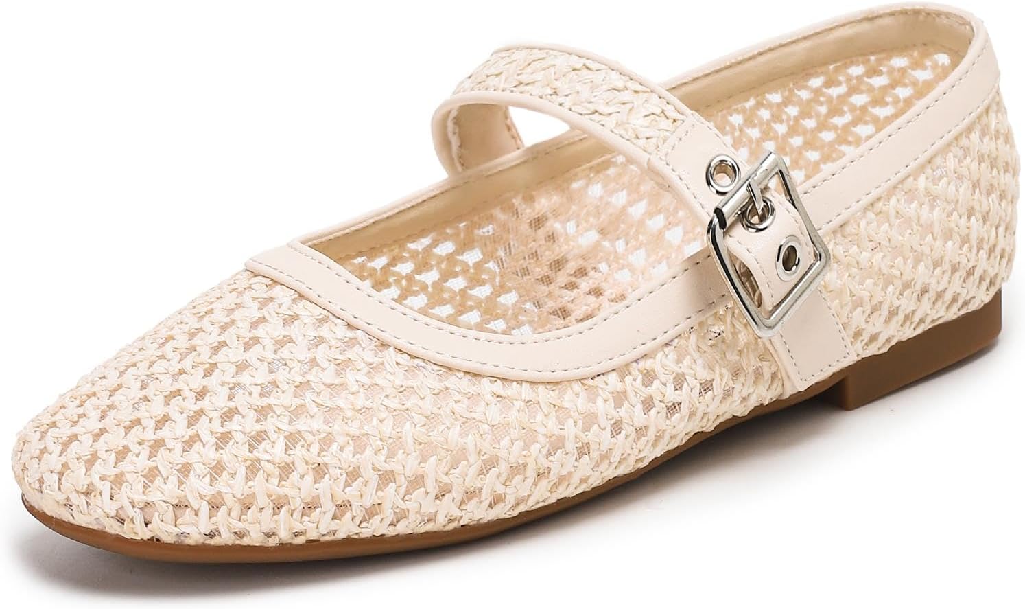 katliu Woven Mesh Flats for Women Round Toe Ballet Flats Mary Jane Flat Shoes with Buckle