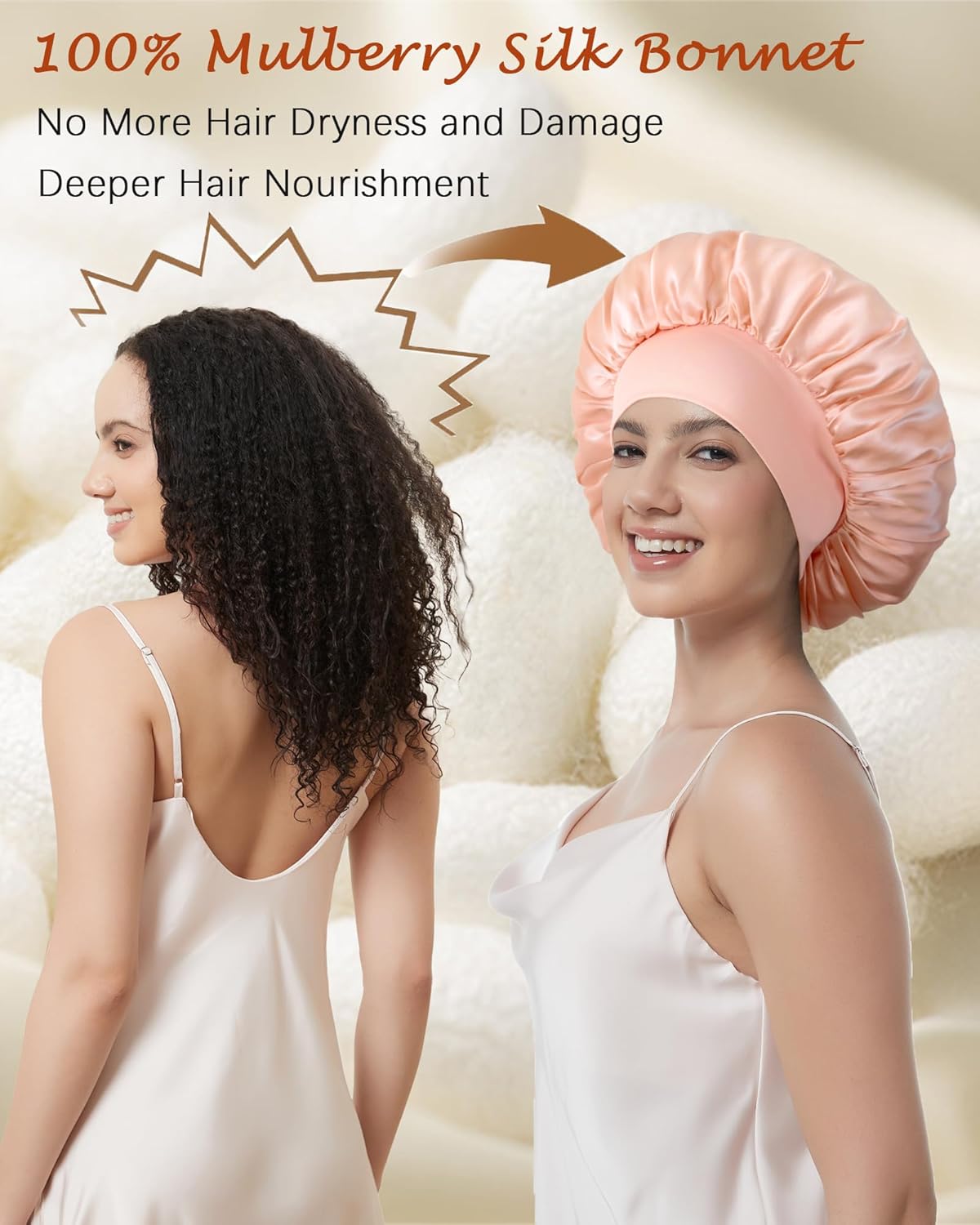 100% Mulberry Silk Bonnet for Sleeping Women, Real Pure Silk Bonnets, Double Layer Sleep Cap with Elastic Band for Curly Hair - Image 5