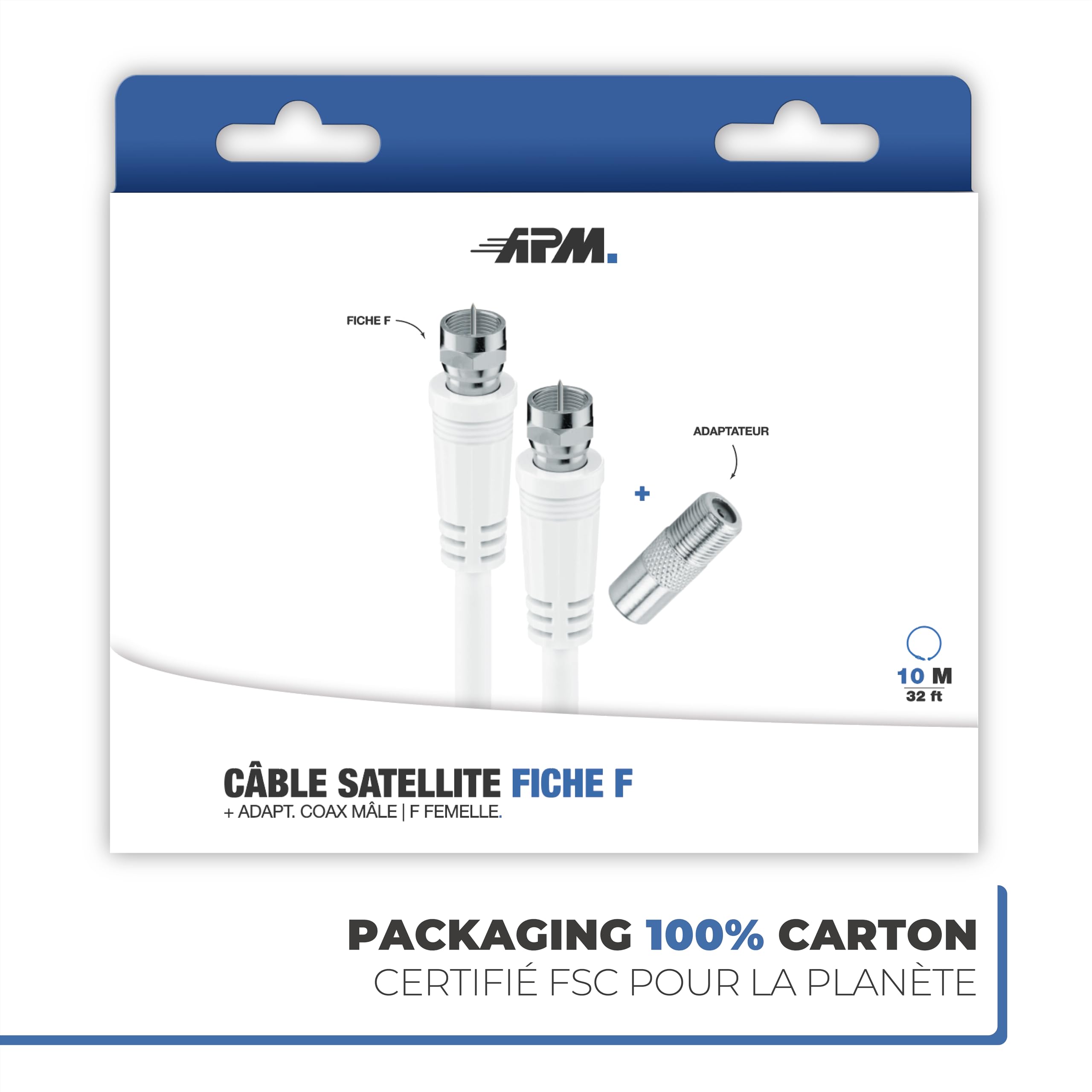 APM Câble Coaxial Satellite Fiche F Mâle, 10M + Adaptateur Fiche F Femelle vers Coaxial 9.52mm Mâle, Compatible TV Parabole Antenne Modem Satellite, 409007