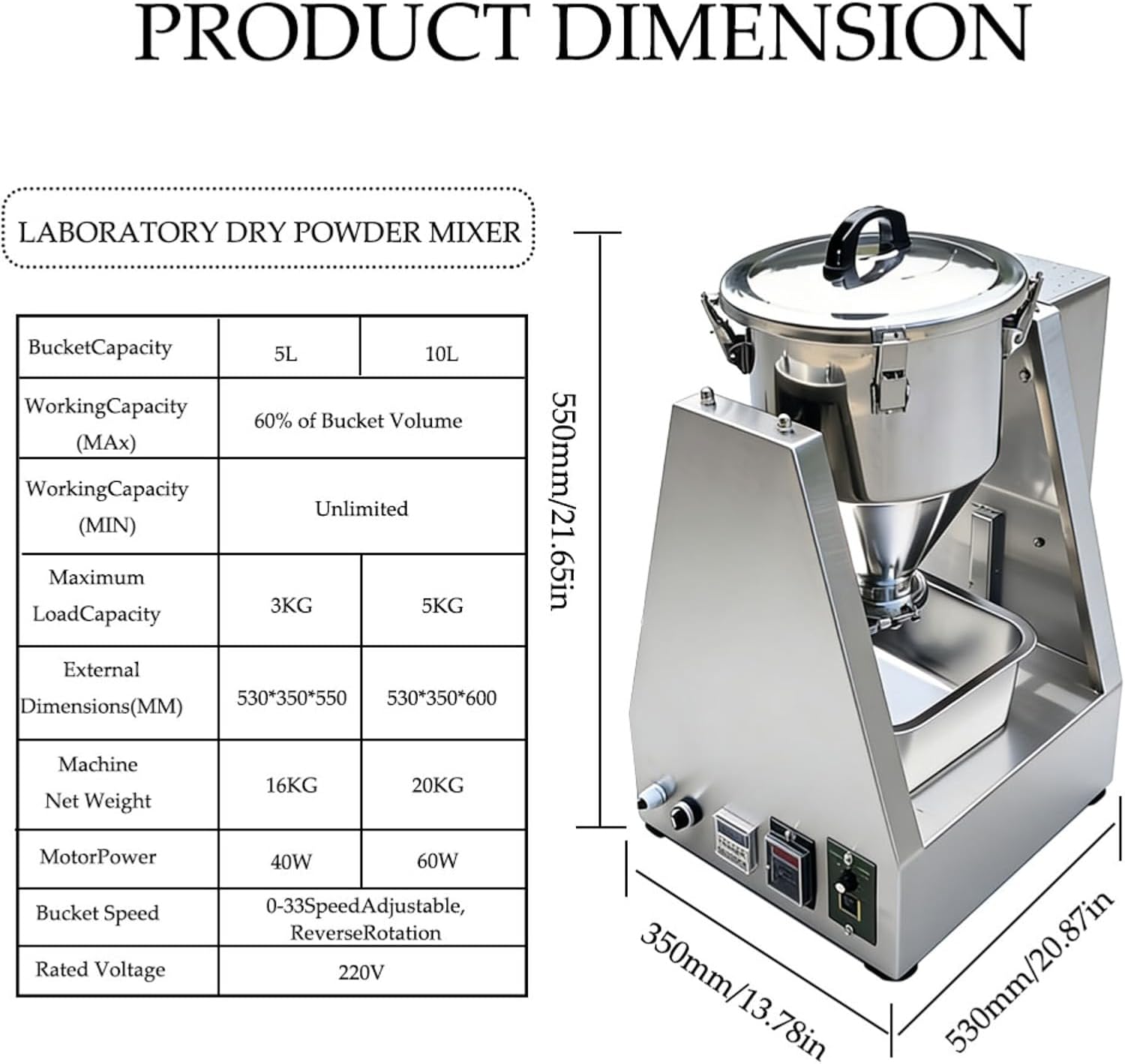 5L Industrial Mixer Machine Particle Blender, Lab Dry Powder Mixer, Laboratory Mixing Equipment, Stainless Steel Material for Dry Grain Particle Granula Food Ch-emical