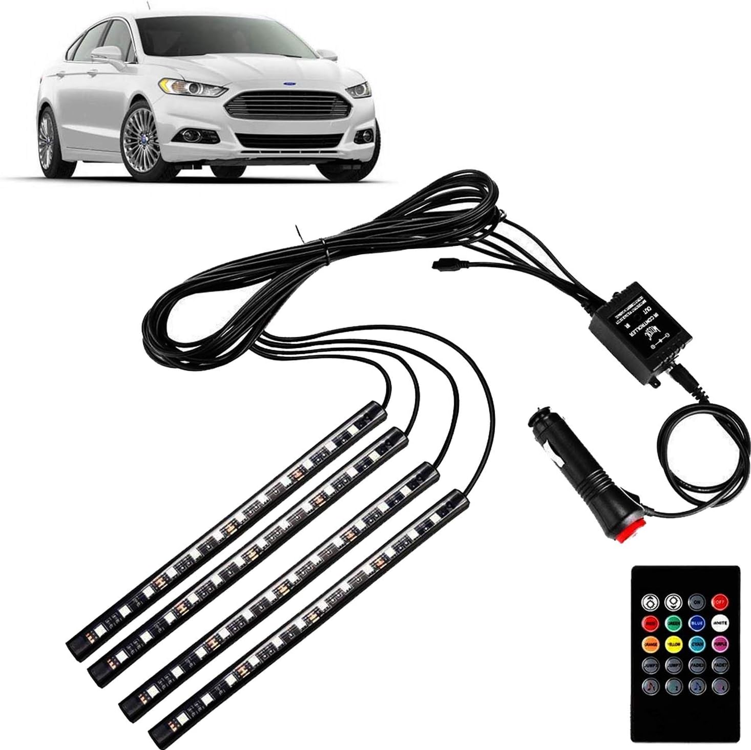 Vocado Dc 12v 48 Interior Led Under Dash Lighting Kit with Sound Active Function & Wireless Remote Control for Fusion (4 Piece)