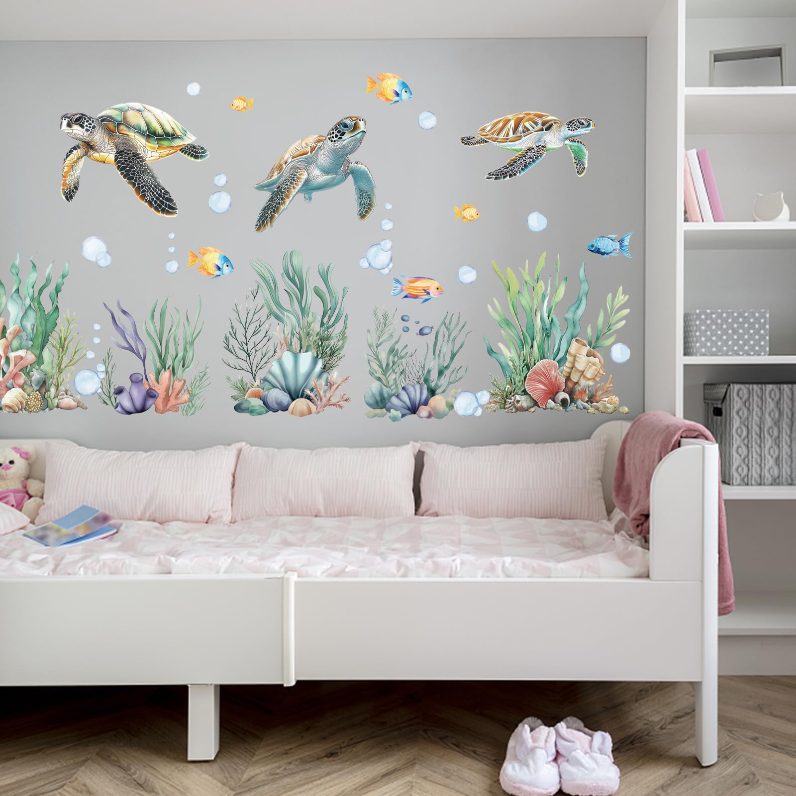 PLIGREAT 3 Sheets Watercolor Turtles Wall Stickers Seagrass Sea World Removable Vinyl Wall Decals for Kids Bedroom Reading Room Nursery Living Room Wall DIY Decorative Stickers - Image 2