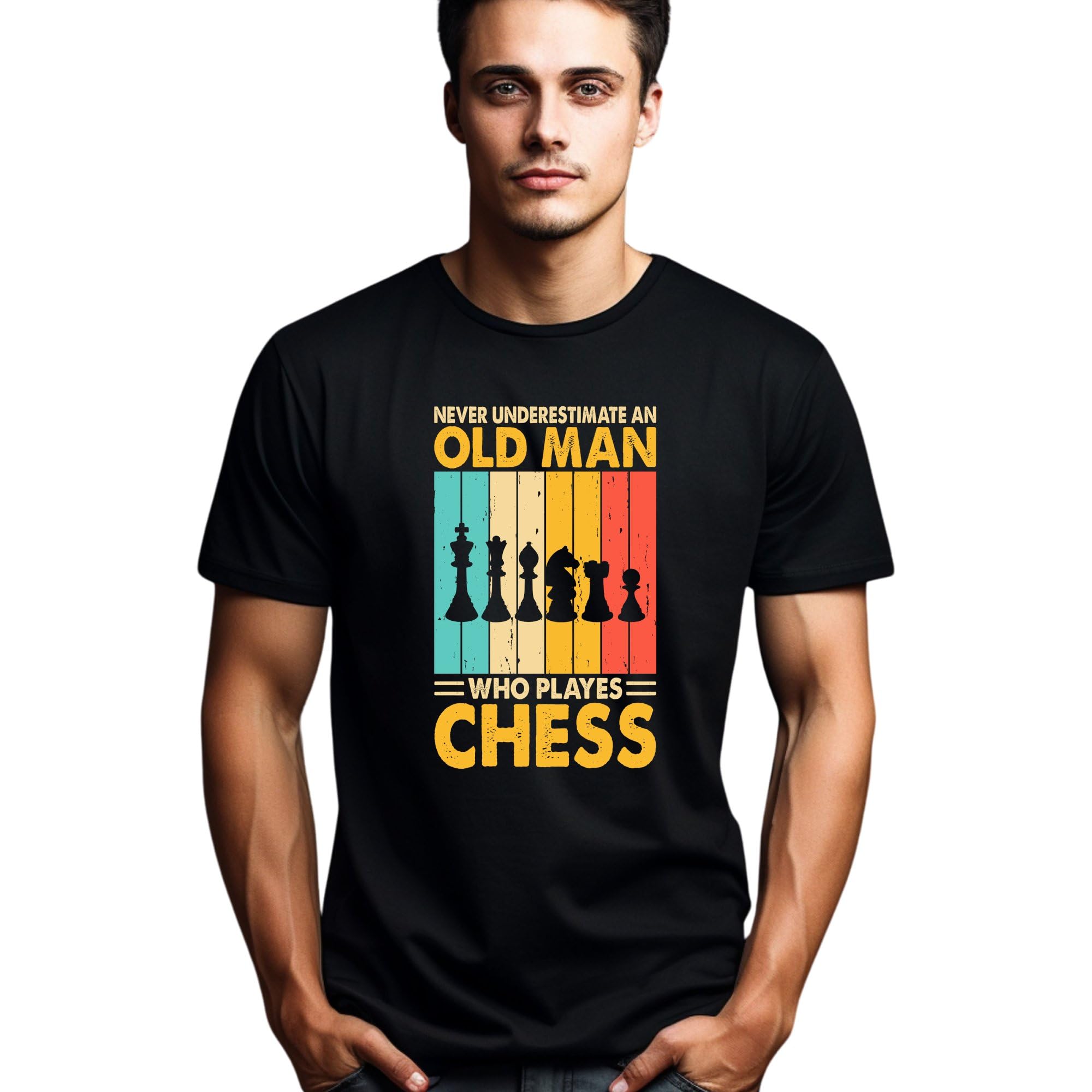 Vintage Chess T-Shirt, Never Underestimate an Old Man Who Plays Chess Tee, Retro Board Game Shirt, Gift for Grandfather (Large, Black)