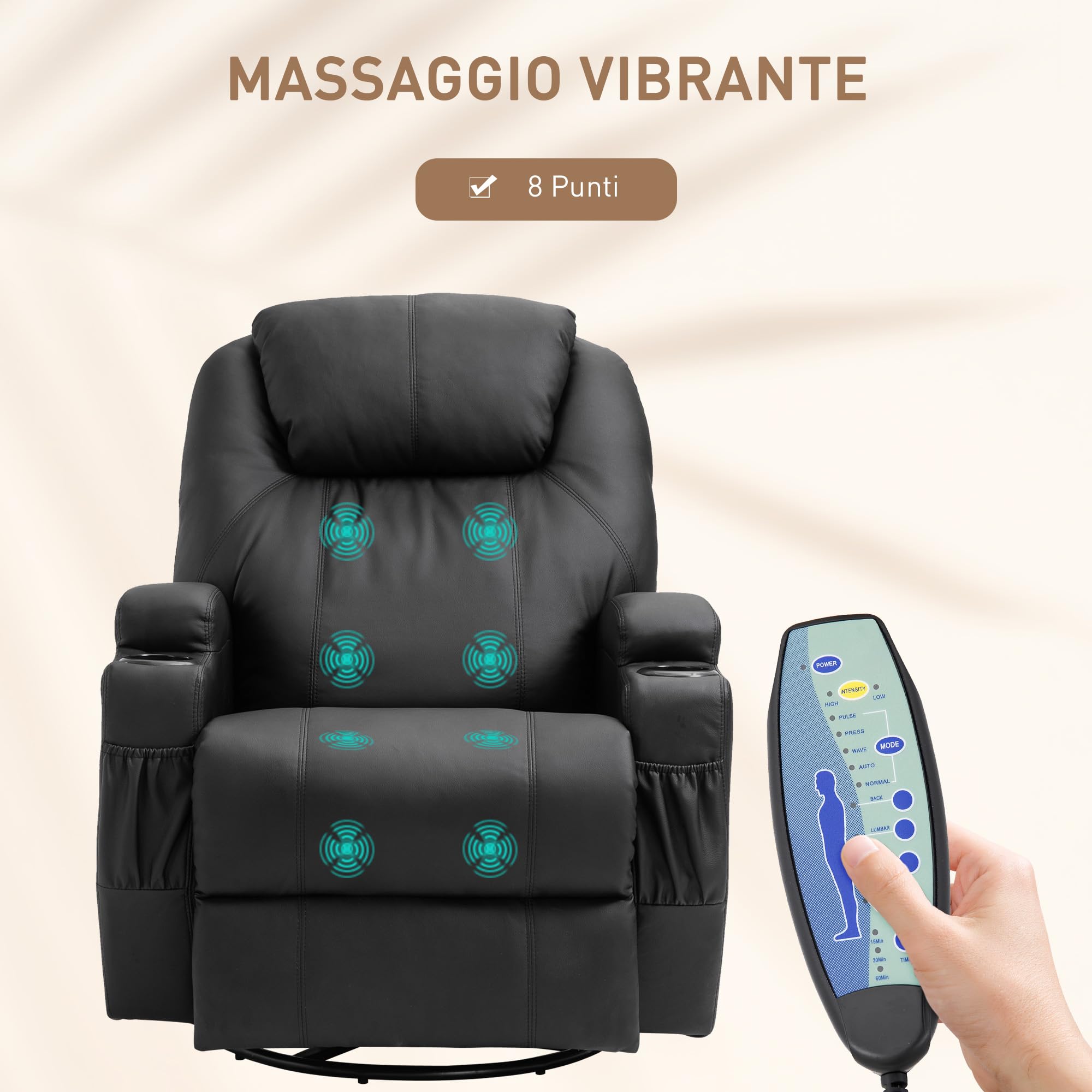 HOMCOM Poltrona Massaggiante Reclinabile Manuale, Poltrona Relax Elettrica Girevole con 2 Portabicchieri, Telecomando, Poggiapiedi e 4 Tasche Laterali, in Pelle PU, Legno e Acciaio, Nero