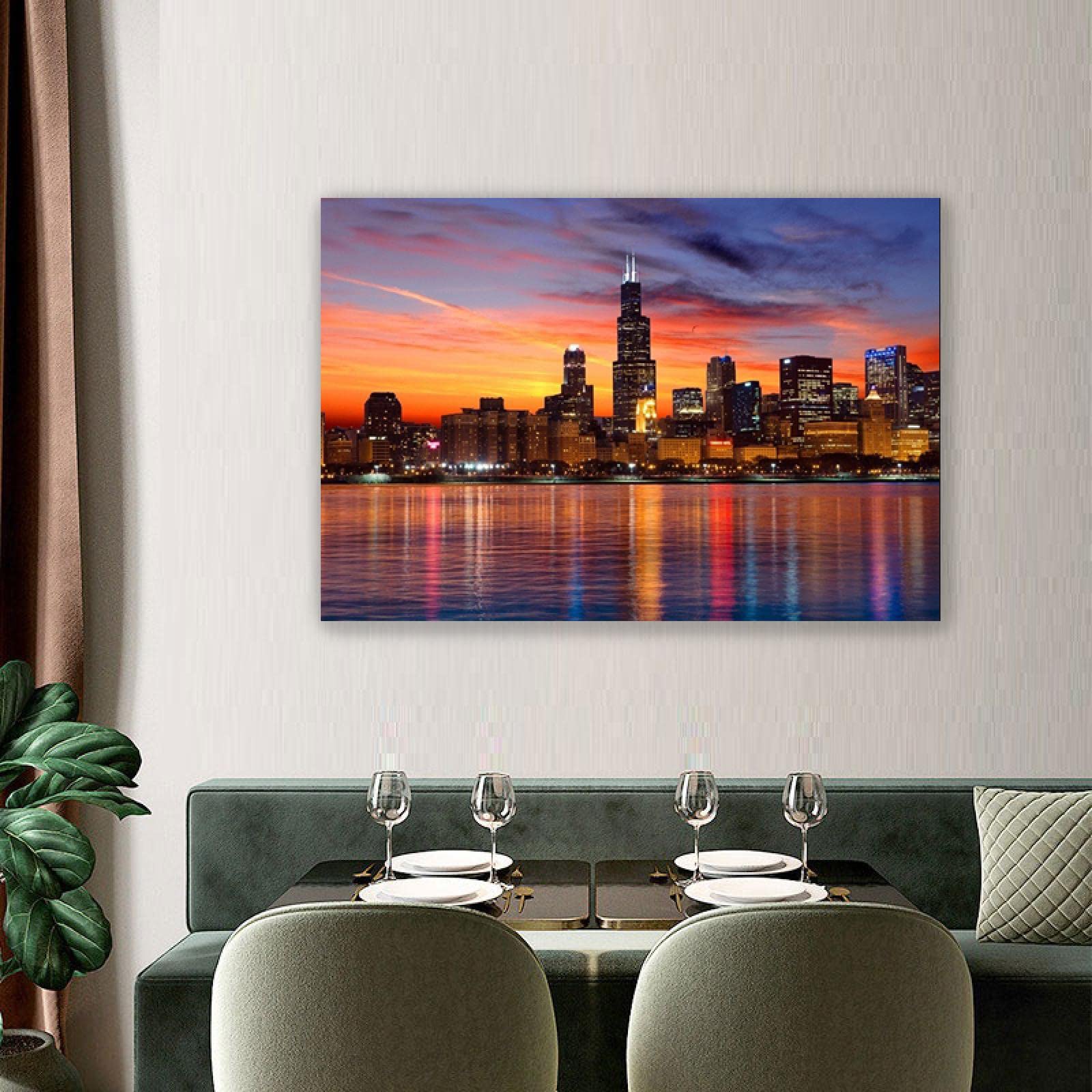 Skyline of Chicago plakat rozciągnięte i oprawione nadruki. Obraz krajobrazowy nadruk na płótnie. Gotowy do powieszenia na płótnie, sztuka ścienna, budynki, zdjęcia do salonu, dekoracja 30 x 45 cm, oprawiony