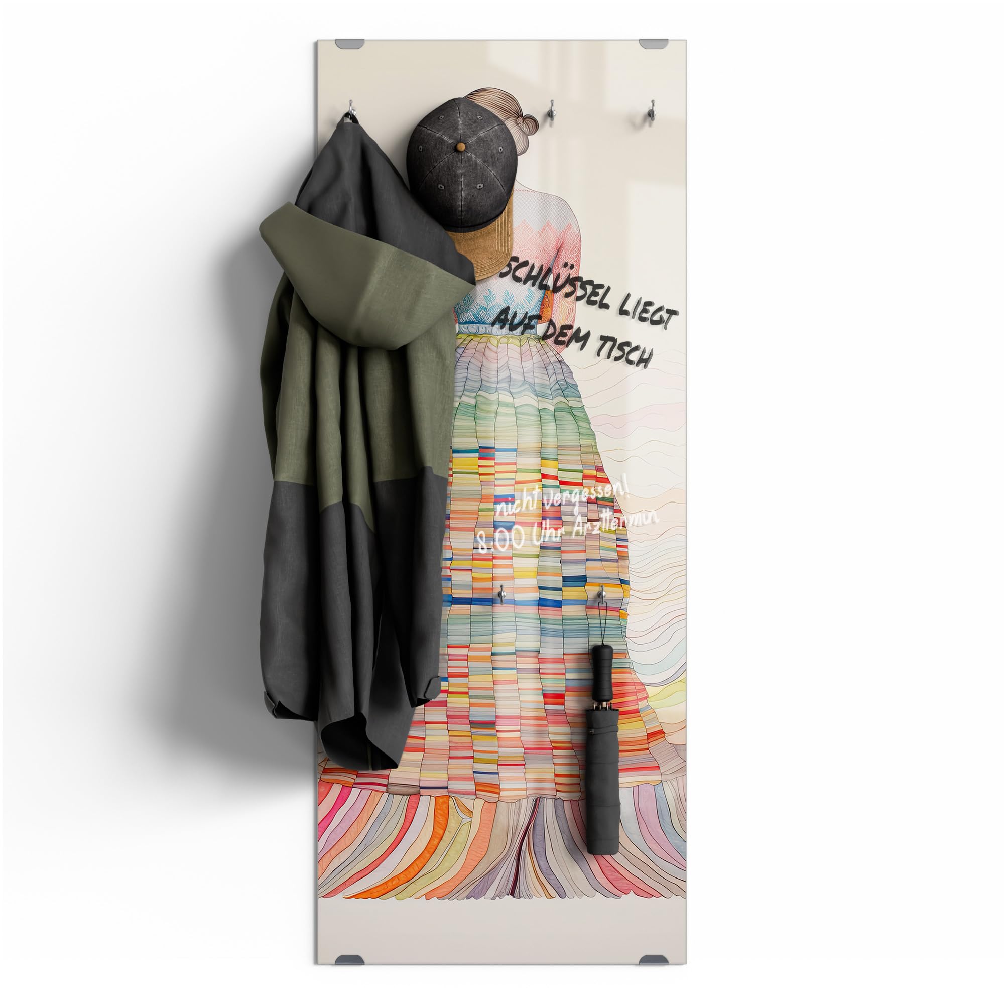 DEQORI Wieszaki na ubrania ze szkła z nadrukiem motywu | wzór pionowy, 50 x 125 cm | motyw przeglądu w kolorze | szkło bezpieczne ESG z 7 haczykami – do pisania i łatwy montaż – łatwy w pielęgnacji