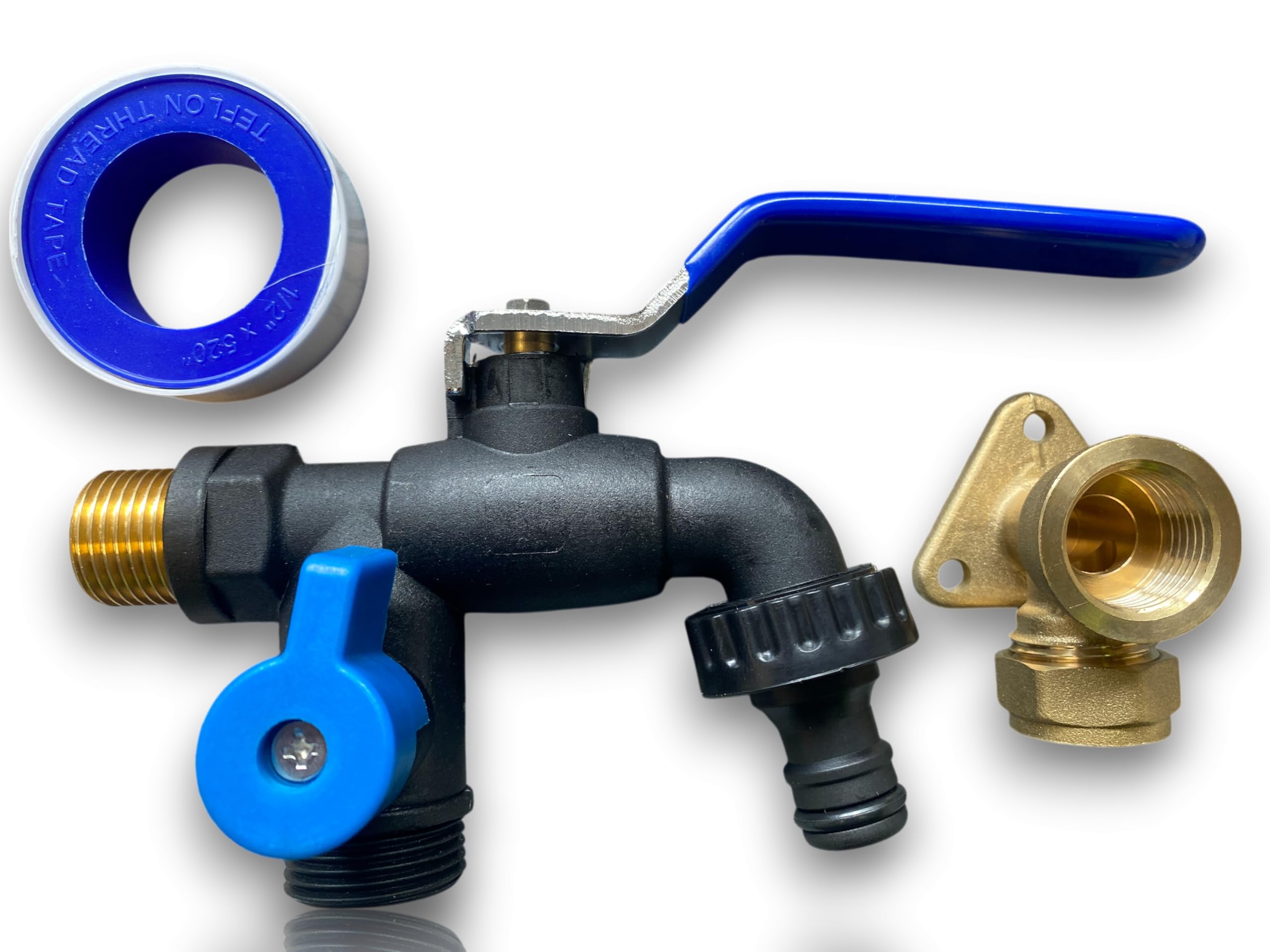 Double/SingleOutlet Ultra Tough Nylon Garden Tap+Brass 15mm Wallplate+PTFE Tape (Double Lever)