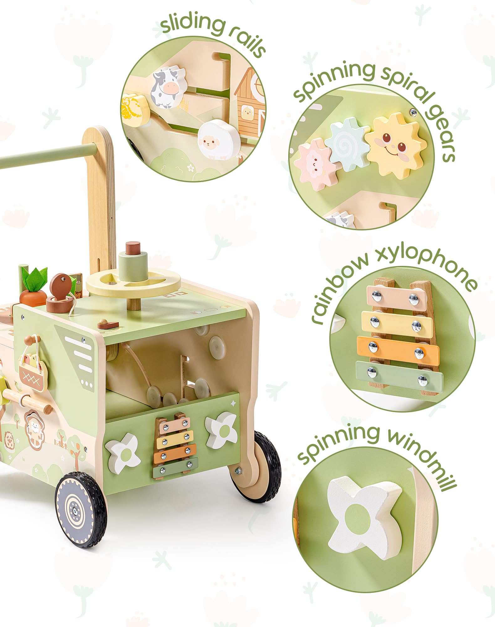 ROBOTIME Girello giocattolo in legno per bambini, con ruote, centro attività a tema fattoria per ragazze e ragazzi, velocità regolabile per imparare a camminare