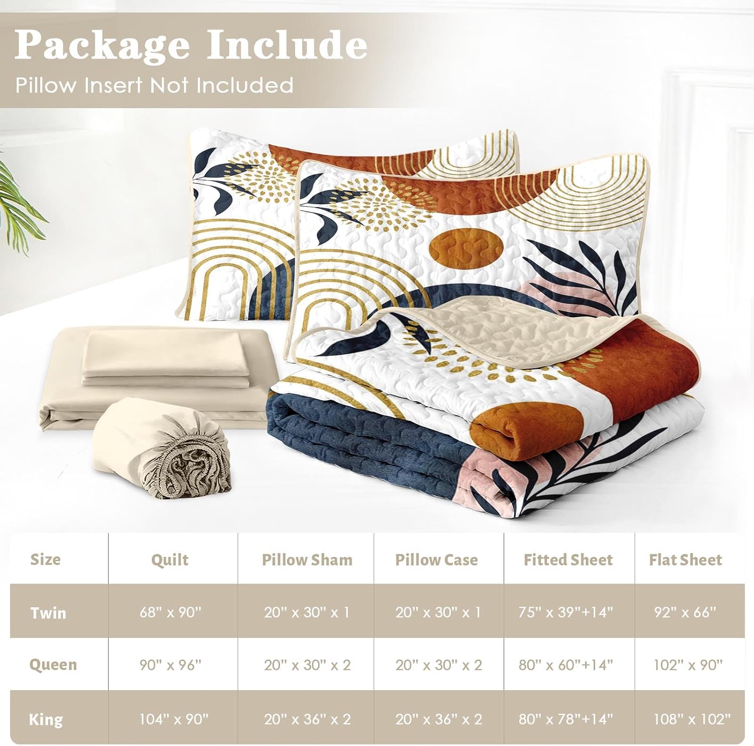 Pamnest 7 Pcs Quilt Set Queen Size, Boho Abstract Geometric Soft Bed Cover Bedding Set for Kids and Adults, Modern Botanical Bedspread with Fitted Sheet 2 Pillowcases & 2 Shams for All Season