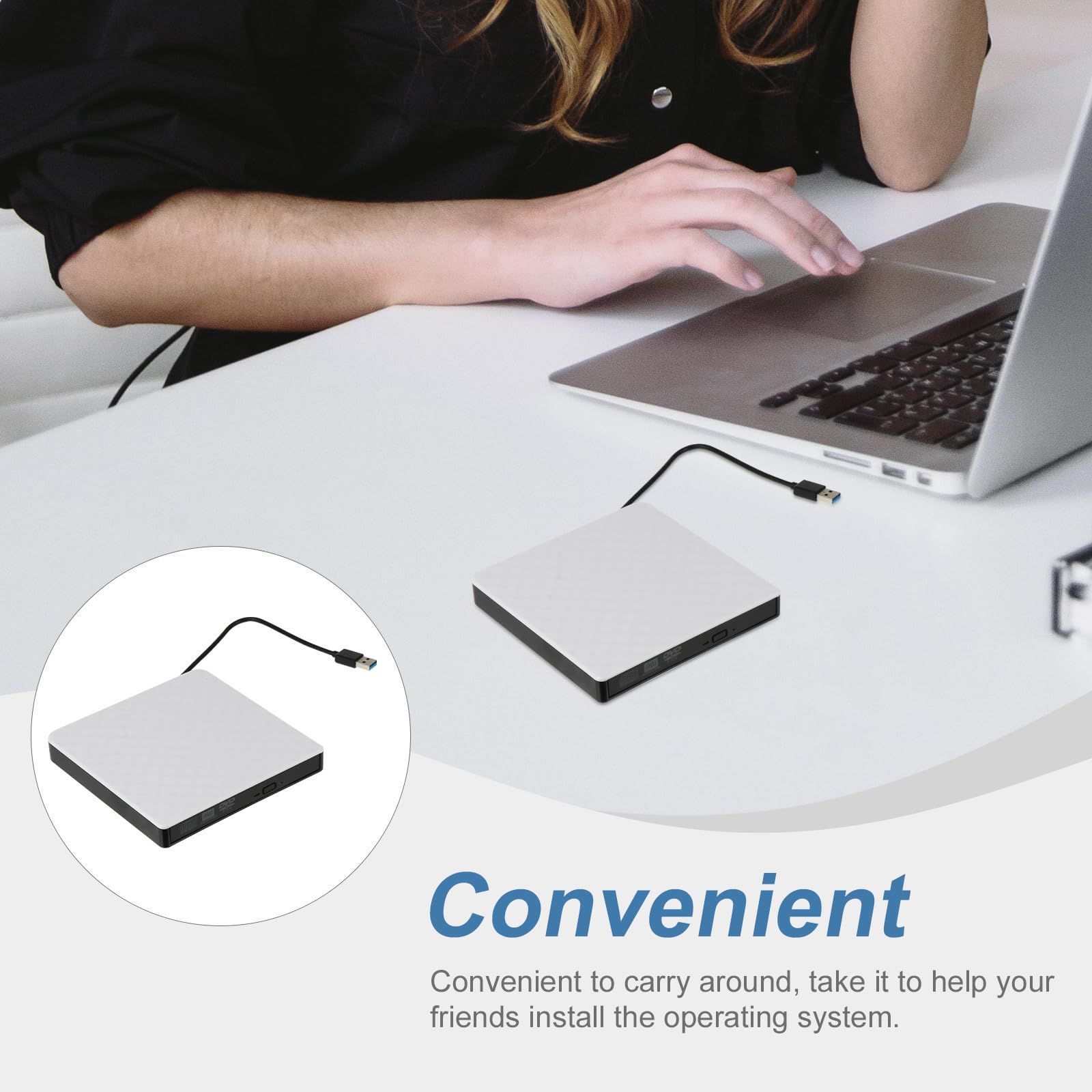 Masterizzatore Laptop Dvd USB 3.0 per Bianco Esterno Abs | Dvd-rom 8x e Cd-rom 24x, Design Ultrasottile e Ultraleggero, Uso Orizzontale o Autoportante