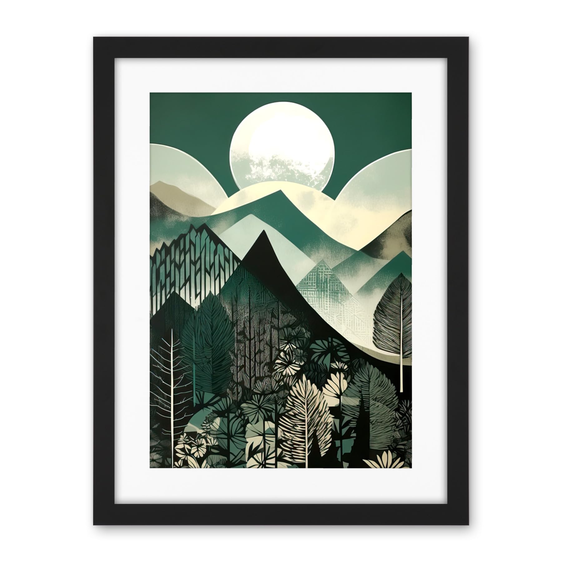 Artery8 Full Moon Over Mountain Forest Linocut Mid Century Sage Green Moonlit Landscape Artwork Framed Wall Art Print 18X24 Inch