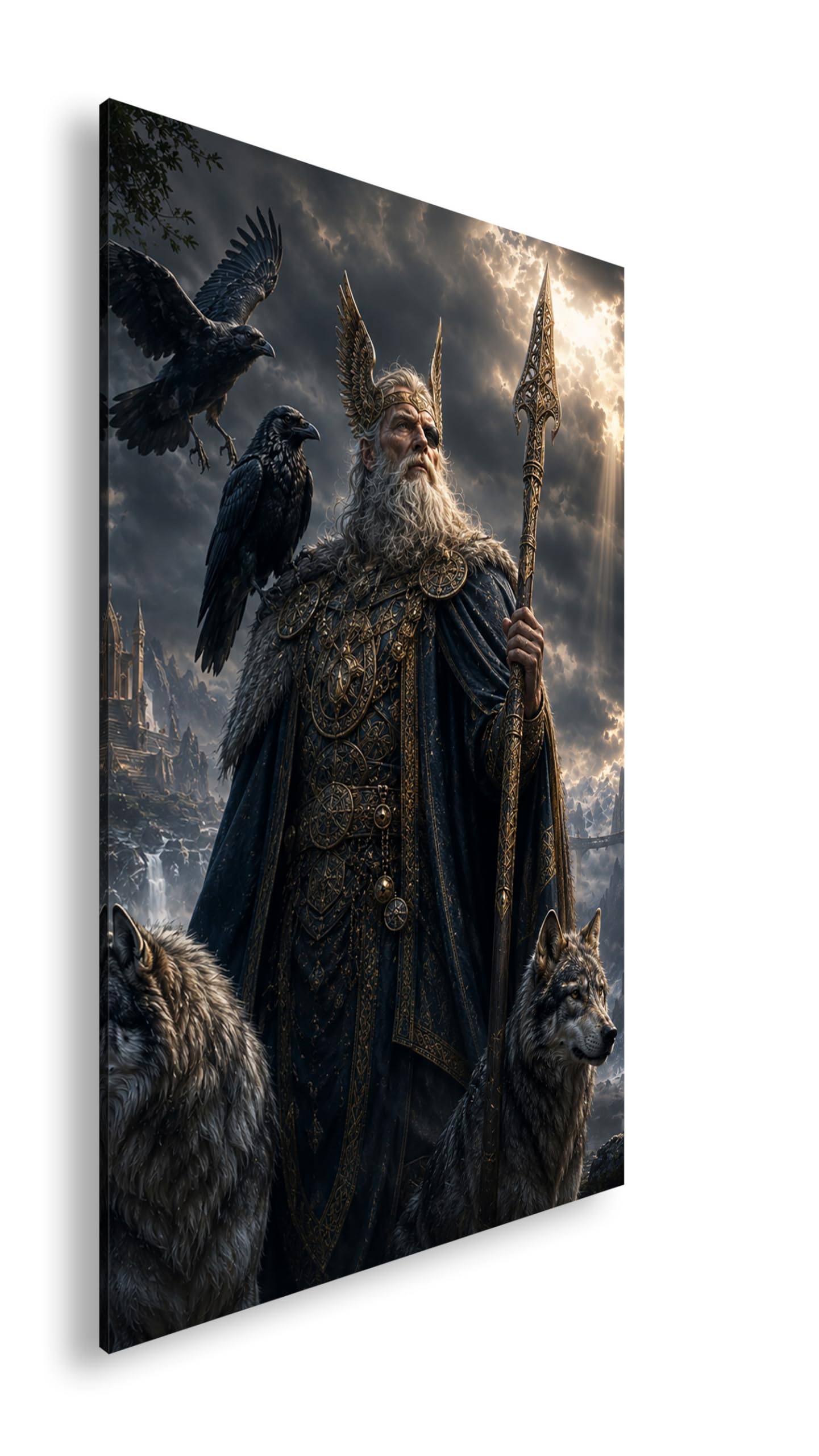 Farbenhorizont Leinwandbild Weiser Odin mit Raben und Wölfen vor mystischer Festung Format: 120x80cm XXL Wandbild auf Keilrahmen/Kunstdruck/Bild Wohnzimmer Dekoration