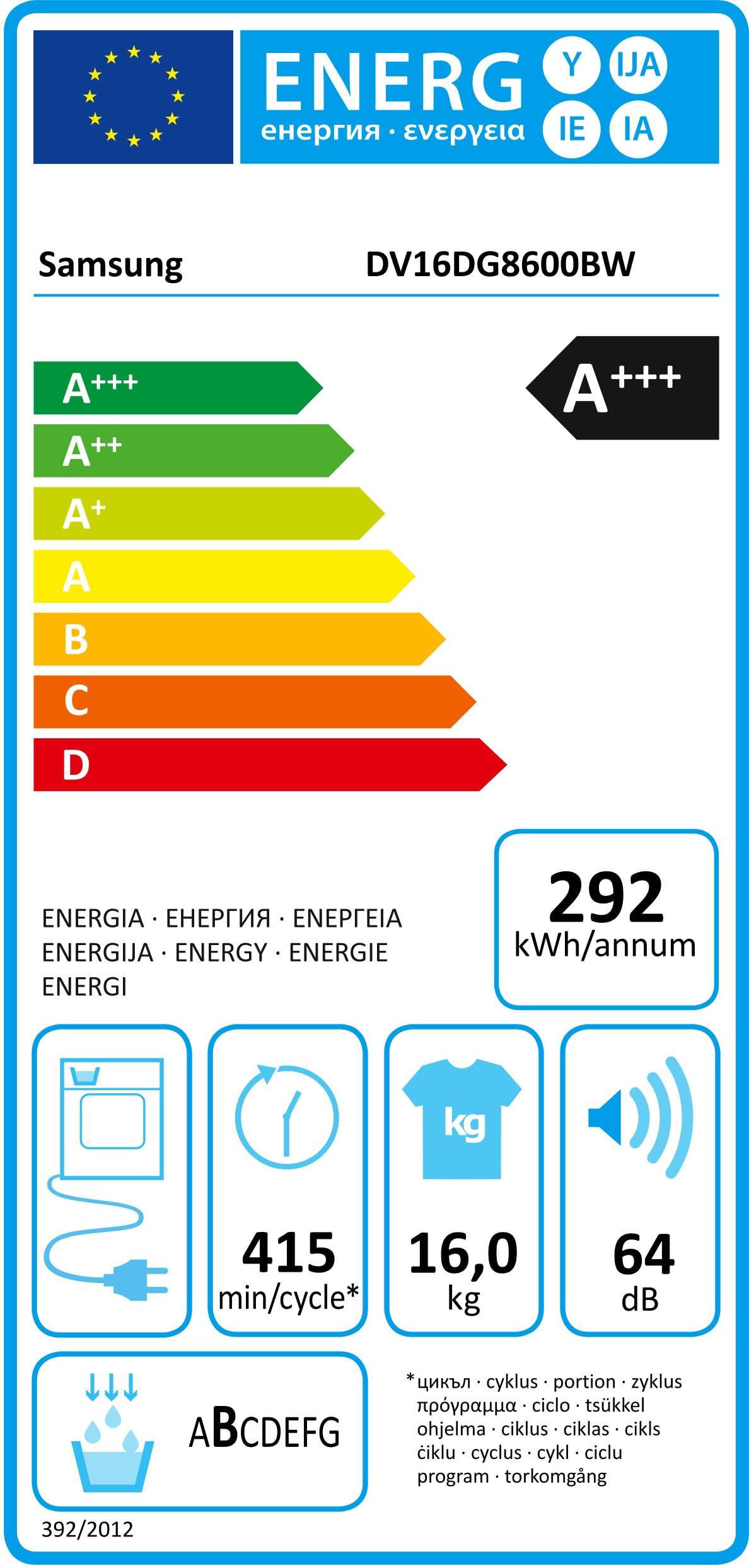 Samsung Sèche-linge Pompe à Chaleur 16 kg DV16DG8600BW/U3 Wifi AI Dry Chargement Frontal