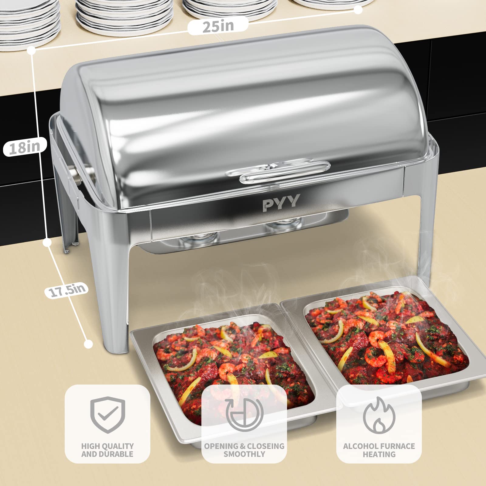 PYY Juego de platos de cocina con tapa enrollable y cubierta de acero inoxidable para catering, servidores y calentadores de bufé rodantes (2 tamaños medios)
